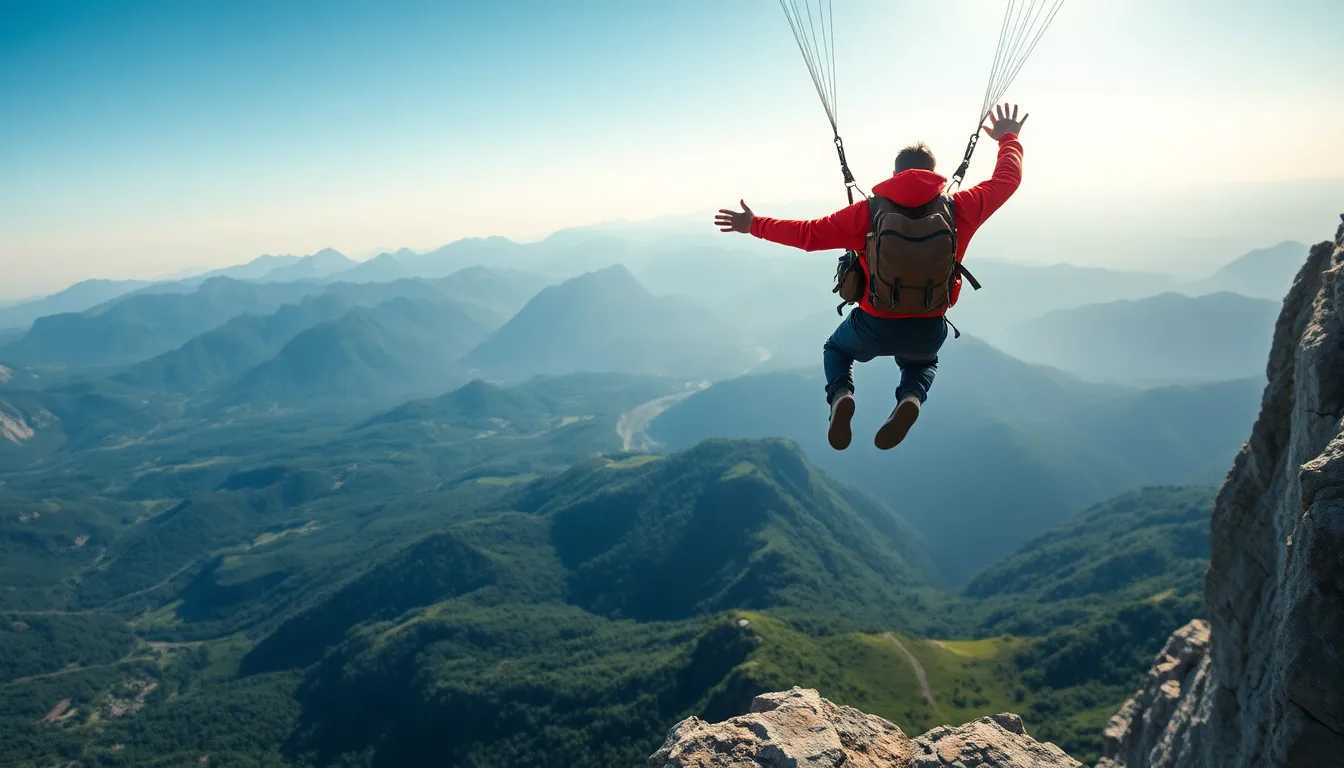 This thrilling image captures a base jumper in mid-flight as they leap from a cliff, highlighting the adrenaline of extreme sports. The vibrant colors of the landscape contrast with the jumper's gear, creating a striking visual impact. The shot expertly blends natural beauty and the daring feat, with the rugged terrain framing the action. The expansive depth of field allows for a breathtaking view, immersing the viewer in the exhilaration of the moment.