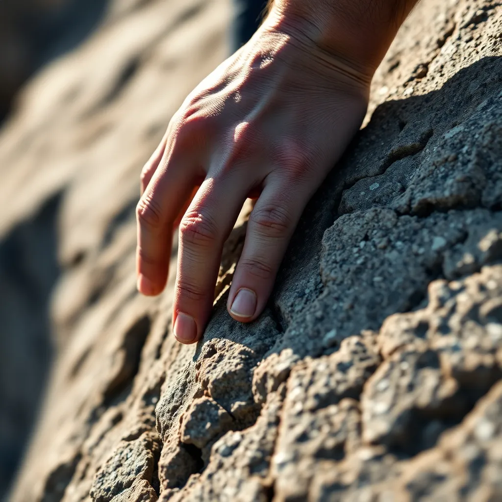 An intimate close-up capturing the intense focus of a climber as they grip a jagged granite rock face. The sunlight accentuates the textures, while the blurred background evokes a sense of height and challenge. The earthy tones reflect the natural environment, emphasizing the raw beauty and grit of rock climbing as an extreme sport. This image encapsulates the spirit of adventure and the mental fortitude required to conquer such challenges.