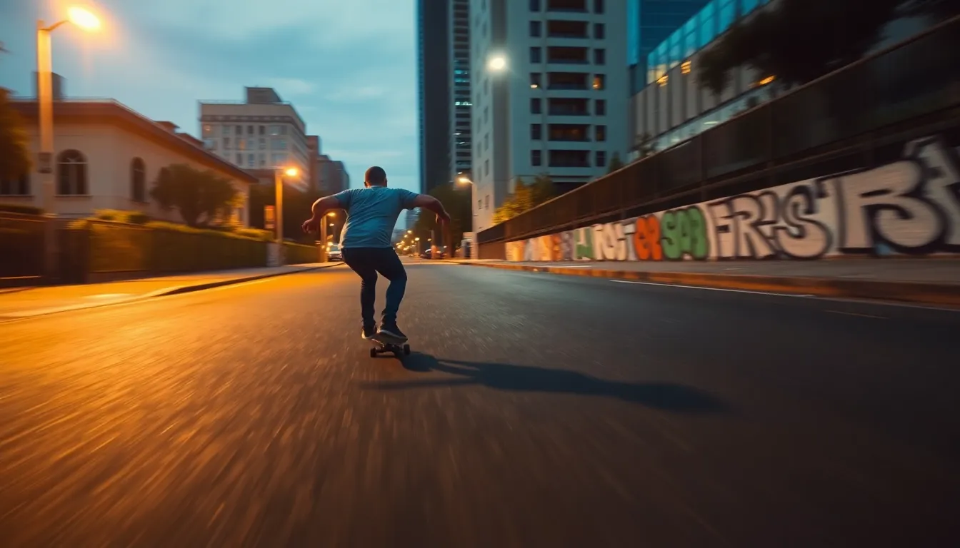 An action-packed scene depicting a downhill skateboarder racing through vibrant urban streets as evening sets in. The warm glow from a street lamp highlights the skateboarder's motion, creating a captivating contrast with the cooler tones of the asphalt. The dynamic angle enhances the sense of speed, inviting viewers into the thrill of the ride. Rich textures of concrete and graffiti provide an authentic urban backdrop, making this image a perfect representation of extreme sports in the city.