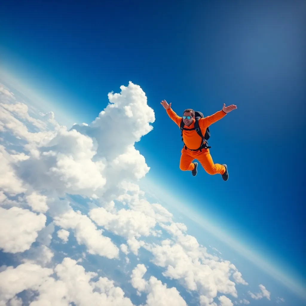 Skydiver Free Falling in Bright Blue Sky