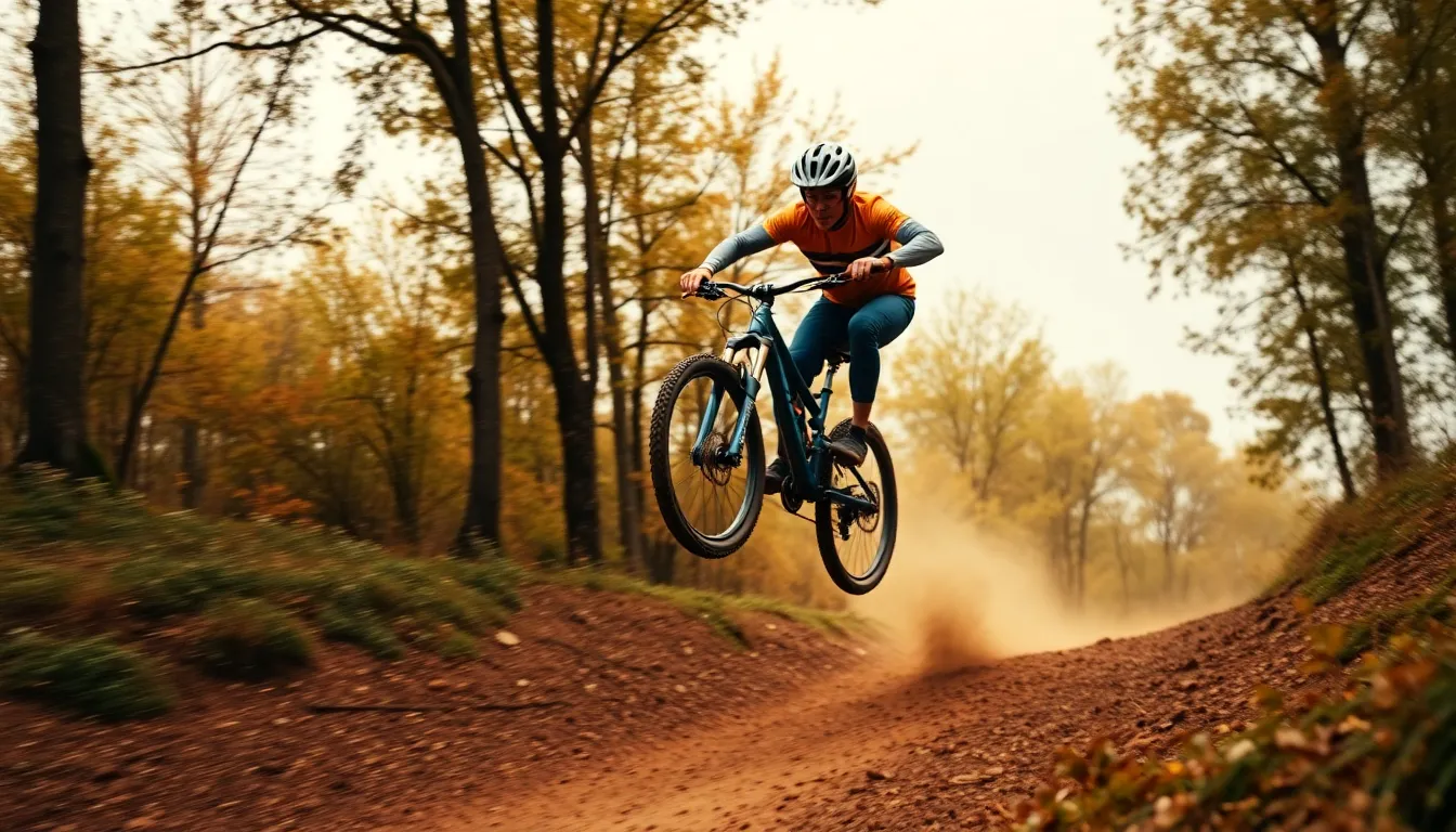 This image captures the exhilarating moment of a mountain biker soaring through the air above a rugged trail. The overcast lighting enhances the earthy colors, giving a grounded yet dynamic feel to the scenery. With trees framing the rider and the dirt path visually leading into the scene, it showcases the thrill and freedom of extreme sports. The captured detail in the biker's gear and the surrounding landscape adds depth and excitement.