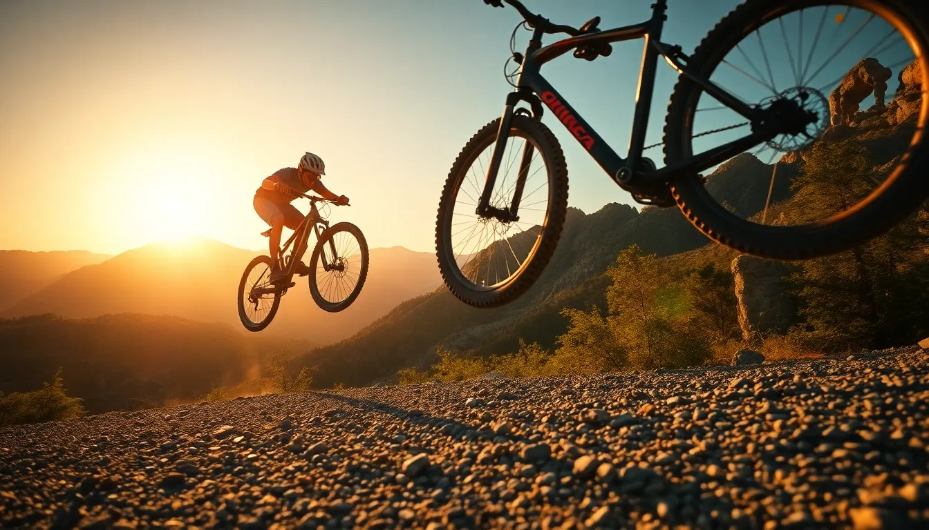 An exhilarating capture of a mountain biker soaring through the air against a stunning backdrop of rocky terrain. The golden hour light beautifully highlights the biker, showcasing motion and excitement. The blurred surroundings emphasize the thrill of extreme sports, while warm earth tones create a sense of adventure and freedom. The sharp focus on the rider contrasts with the soft background, perfectly capturing the essence of extreme sports photography.