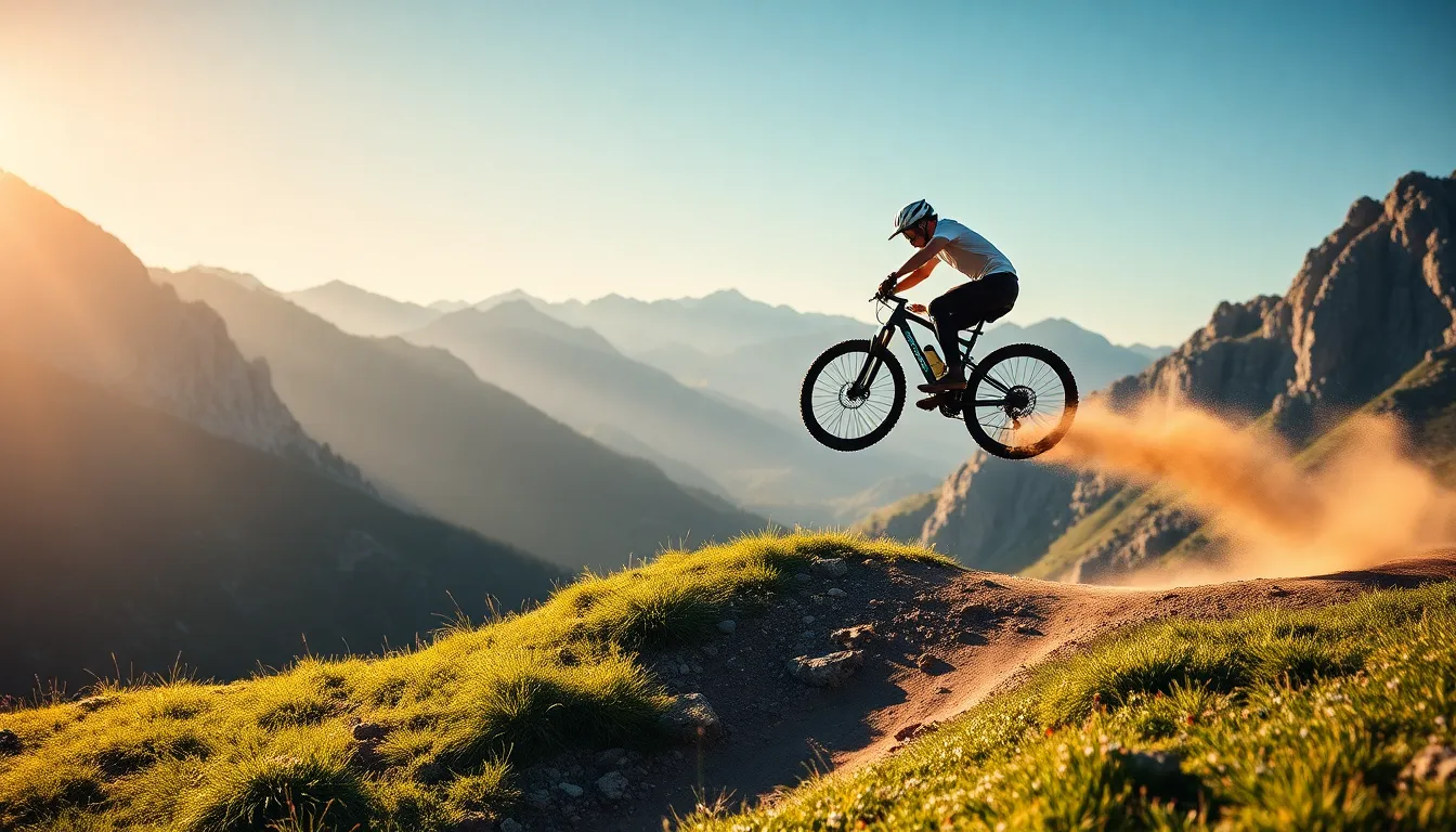 An exhilarating moment captures a mountain biker soaring through the air above a rugged mountain landscape. The late afternoon sunlight enhances the vibrant greens and earthy browns, creating a striking contrast. The shallow depth of field ensures the biker remains the focal point, set against a beautifully blurred backdrop. Dust clouds billow from the tires, adding action to the scene. This image perfectly embodies the thrill of extreme sports.
