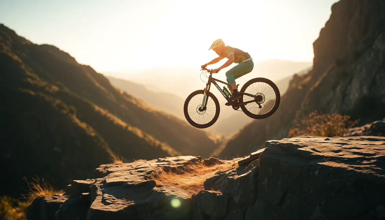 This captivating image showcases a mountain biker mid-air, captured at the thrilling moment of a jump off a rocky ledge. The warm late afternoon sunlight accentuates the intricate details of the rider's colorful gear and the rugged terrain. With dramatic shadows and a blurred mountain backdrop, the scene conveys excitement and freedom in extreme sports. The carefully composed shot, using the rule of thirds, emphasizes the height and skill involved in this adrenaline-pumping moment.
