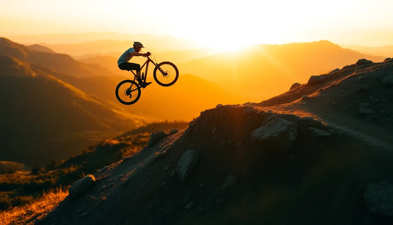 A breathtaking moment captured as a mountain biker executes a daring trick over a rocky ridge at golden hour. The warm backlighting creates a dramatic silhouette, with vibrant orange and blue hues enhancing the thrilling atmosphere. The sharp focus on the biker contrasts beautifully with the soft, blurred backdrop of mountains and sky, inviting viewers into the heart of extreme sports. The meticulously detailed textures of rocky terrain add depth to the dynamic scene.