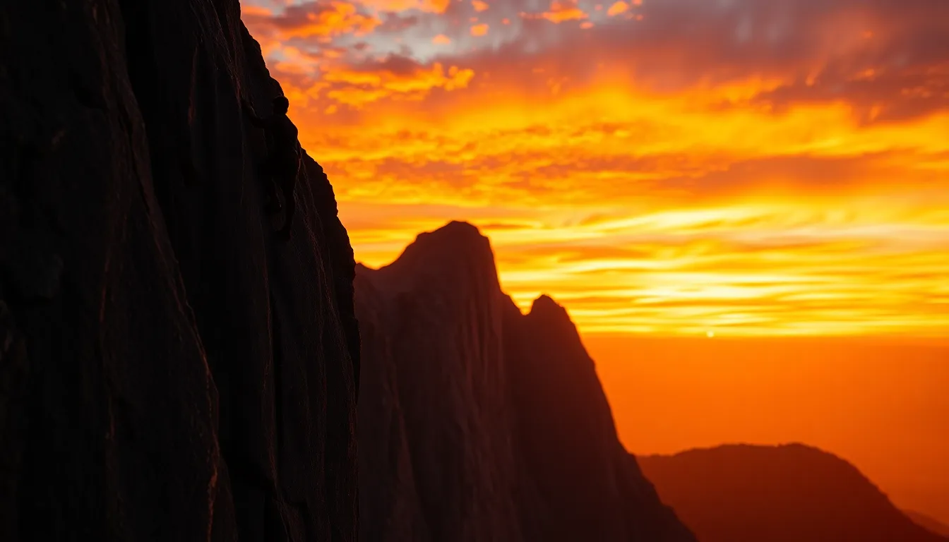 In this stunning image, a rock climber is captured silhouetted against a vibrant sunset sky filled with striking hues of orange and purple. The dramatic lighting accentuates the muscular form of the climber, emphasizing both strength and skill. Textures of the rocky cliff add depth, while the composition centers on the climber's upward movement, reflecting the thrill and challenge of the sport. This photograph encapsulates the essence of extreme sports in a breathtaking natural setting.