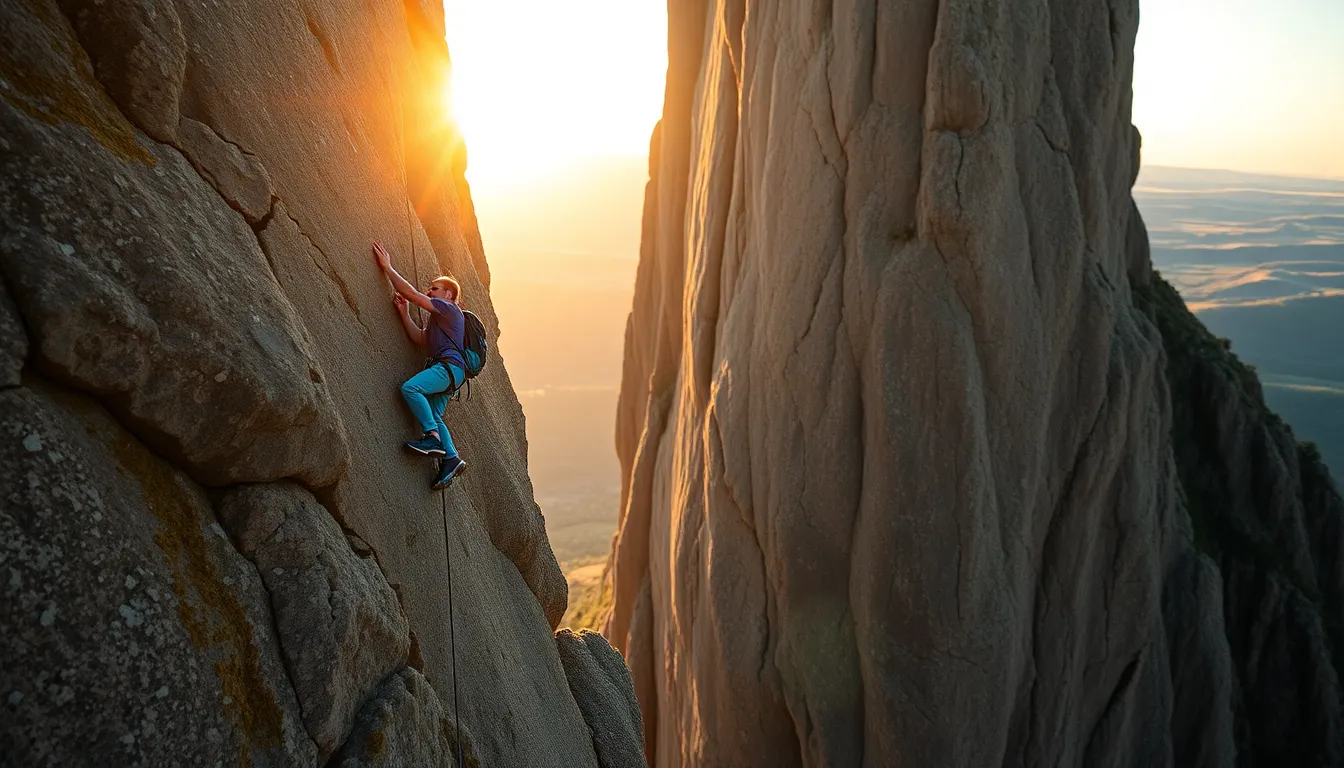 An inspiring rock climber ascends a challenging cliff face as the golden hour enhances the warm tones of the scene. The bright blue climbing gear stands out against the textured rock, highlighting the climber's determination and skill. Soft focus on the background creates a sense of height and adventure, while intricate details of the cliff, such as moss and cracks, add realism. This image captures the essence of extreme sports in a breathtaking natural environment.