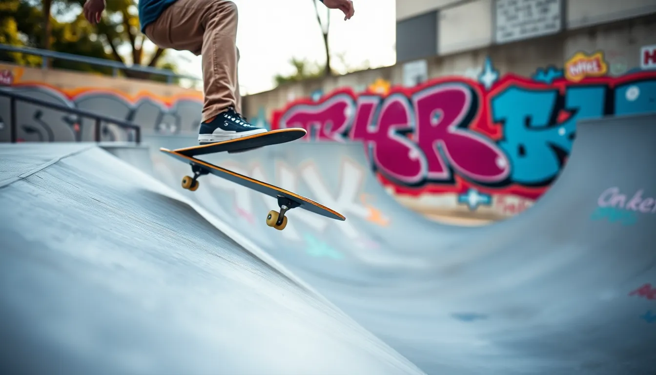 This lively image showcases a skateboarder executing a trick in a bustling urban skatepark, surrounded by vibrant graffiti art. The midday light creates striking contrasts and enhances the vivid colors of the scene. The skateboarder stands out in sharp focus against a beautifully blurred background, drawing attention to the skill and motion involved in the trick. Leading lines from the ramp add a sense of movement and energy, making this photograph an exciting representation of extreme sports.