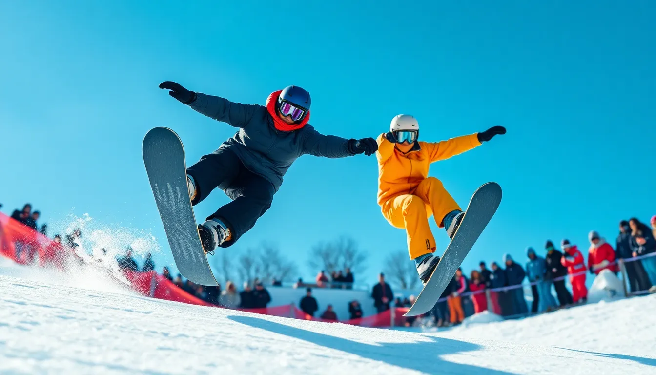 Two snowboarders execute impressive tricks high above a half-pipe, captured in brilliant detail against clear blue skies. The vivid colors of their gear contrast with the bright white snow, creating a lively atmosphere. The shallow depth of field draws focus to the athletes, while the supportive half-pipe structure emphasizes their heights. This dynamic image showcases the thrill and excitement inherent in extreme sports.