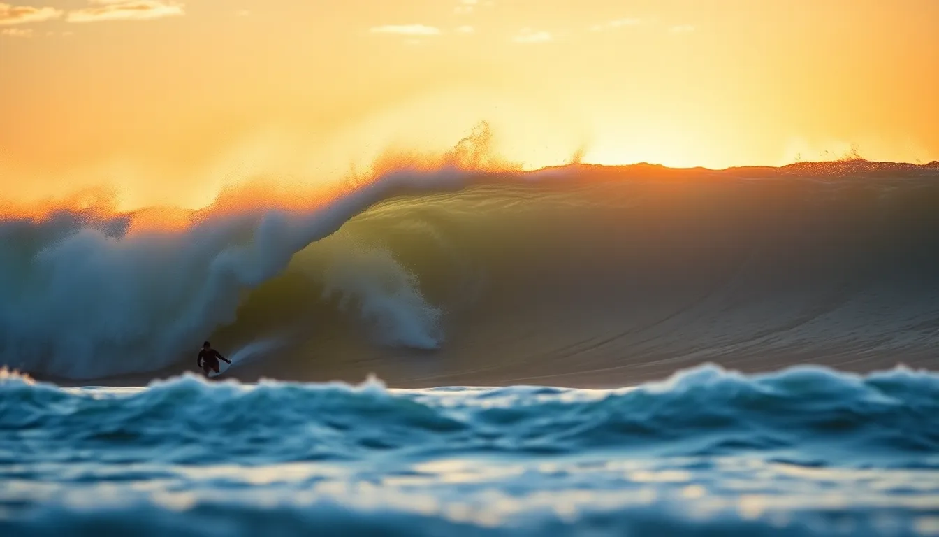 This breathtaking image shows a surfer expertly riding a colossal wave during a stunning sunrise. The warm golden light bathes the scene, highlighting the dynamic interaction between the surfer and the ocean. The off-center composition, coupled with action lines from the wave, draws the viewer's eye directly to the surfer. Intricate textures of water droplets and foam create a palpable sense of movement and excitement. This photograph captures the essence of extreme sports in a natural setting.