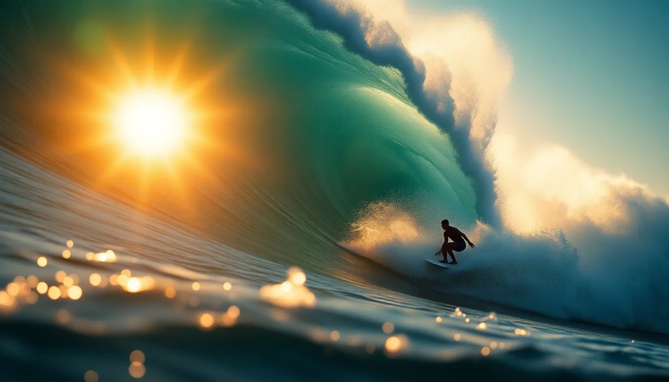 An exhilarating moment of a surfer expertly navigating a colossal wave at sunrise, surrounded by the shimmering ocean. The warm hues of the rising sun illuminate the scene, casting a golden glow on both the surfer and the frothy wave. The crisp details of the water’s spray contrast with the deep blues of the ocean, creating a captivating visual experience. This shot captures the essence of extreme sports and the thrill of riding the perfect wave.
