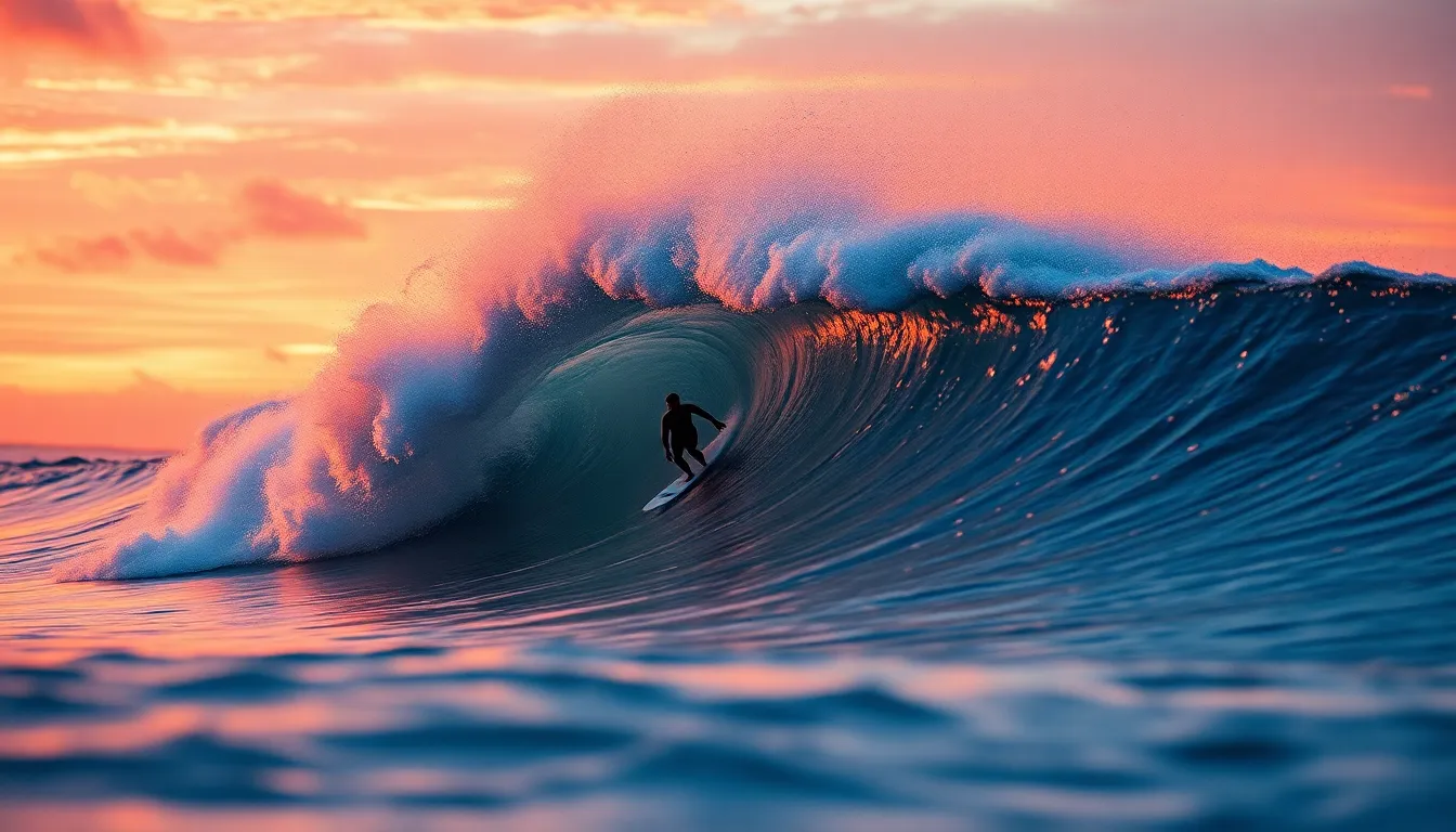 A surfer skillfully navigates a towering wave as the sun sets, bathing the scene in stunning pink and orange tones. The powerful stance of the surfer is highlighted against the foamy crest of the wave. The use of a telephoto lens captures the intense details of both the surfer and the turbulent water, while the sharp focus enhances the dramatic atmosphere. This image encapsulates the thrill and beauty of extreme sports in nature.
