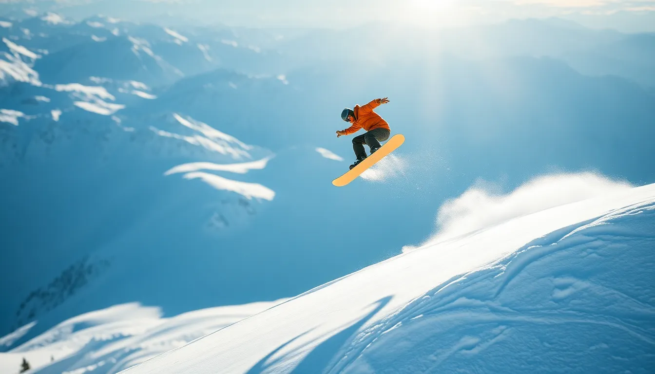 This exciting image captures a snowboarder in mid-air, performing an impressive stunt against a backdrop of pristine snow-covered mountains. Bright sunlight enhances the scene, creating a vibrant impression while highlighting the clarity of the snow and the smooth curves of the rider's gear. The composition draws attention directly to the snowboarder, showcasing the skill and dynamism of extreme sports. The combination of textures from the snow and gear adds depth and excitement to the visual storytelling.