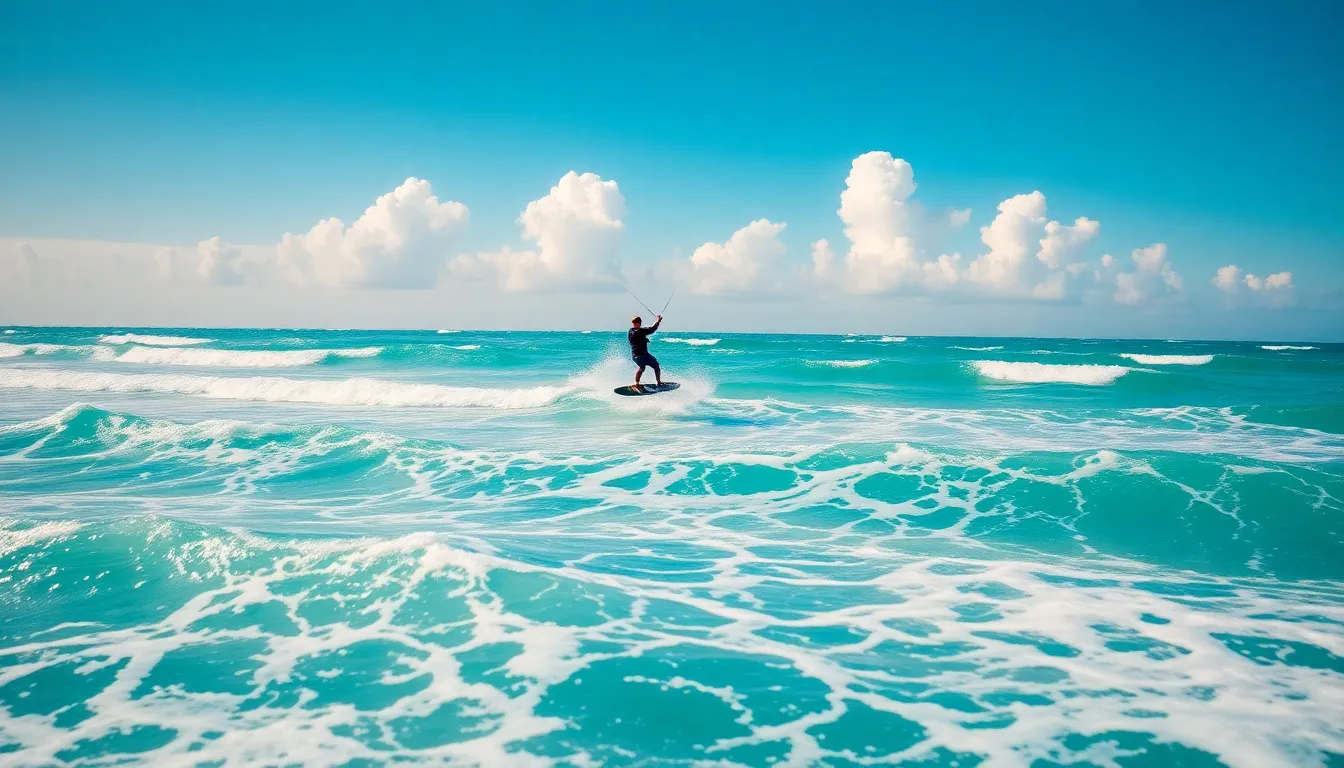 An electrifying image of a kite surfer launching into the air above the clear, turquoise waters of the ocean. The bright sunlight enhances the vivid colors, making the scene energetic and full of life. The sharp focus captures the texture of the choppy sea and the colorful kite, creating a stunning visual contrast. This photograph beautifully encapsulates the thrill and freedom of extreme sports, inviting viewers to feel the rush of adrenaline.