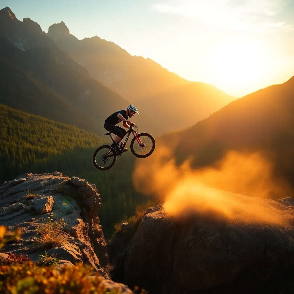 Mountain Biker Jumping at Sunset