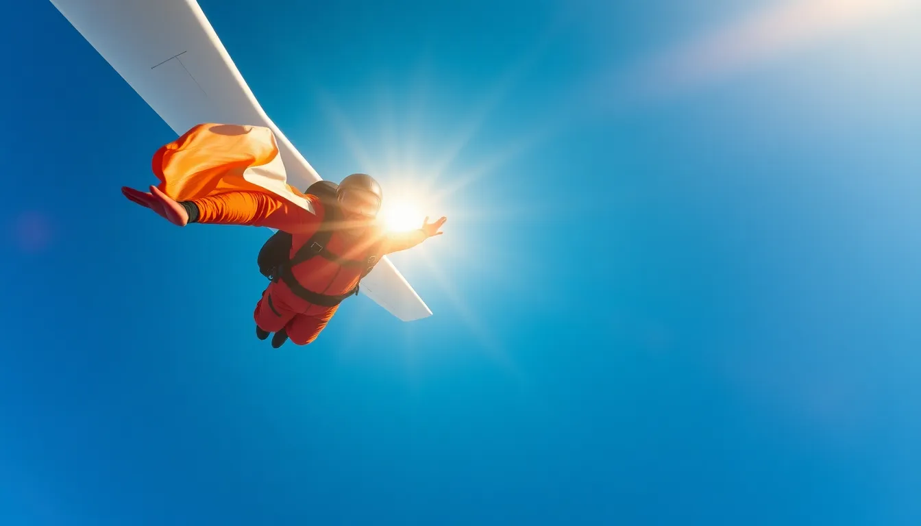 An exhilarating photograph capturing the moment a skydiver jumps from a plane, suspended against a backdrop of clear blue sky. The brightly colored jumpsuit stands out against the vivid blue, evoking feelings of freedom and adventure. The sharp focus on the skydiver amidst the blurred background enhances the sense of speed and thrill. This dynamic image embodies the spirit of extreme sports, inviting viewers to experience the adrenaline of skydiving.