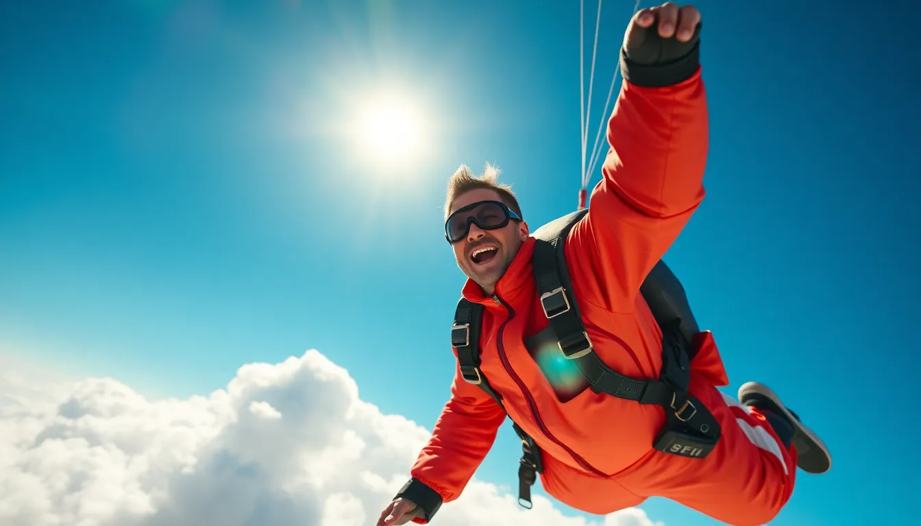 This exhilarating image captures a skydiver in free fall, surrounded by an expansive blue sky. The vibrant colors of the skydiver's jumpsuit and parachute create a striking contrast with the azure background, accentuated by warm natural light. With a shallow depth of field, the focus lies on the skydiver's joyful expression, conveying the thrill of the dive. The centered composition emphasizes the freedom and adrenaline of skydiving, making it a stunning visual representation of extreme sports.