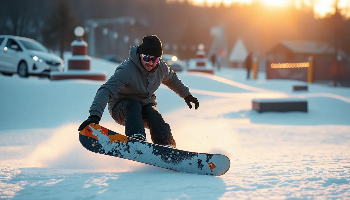 This dynamic image showcases a snowboarder performing an impressive trick in a snow park, captured during the enchanting golden hour. The warm light casts long shadows across the pristine snow, enhancing the sense of movement and action. With a shallow depth of field, the snowboarder is sharply focused against a blurred backdrop, creating an intimate yet exhilarating atmosphere. The unique angle of the shot adds to the excitement of the moment, making it an eye-catching representation of extreme sports.