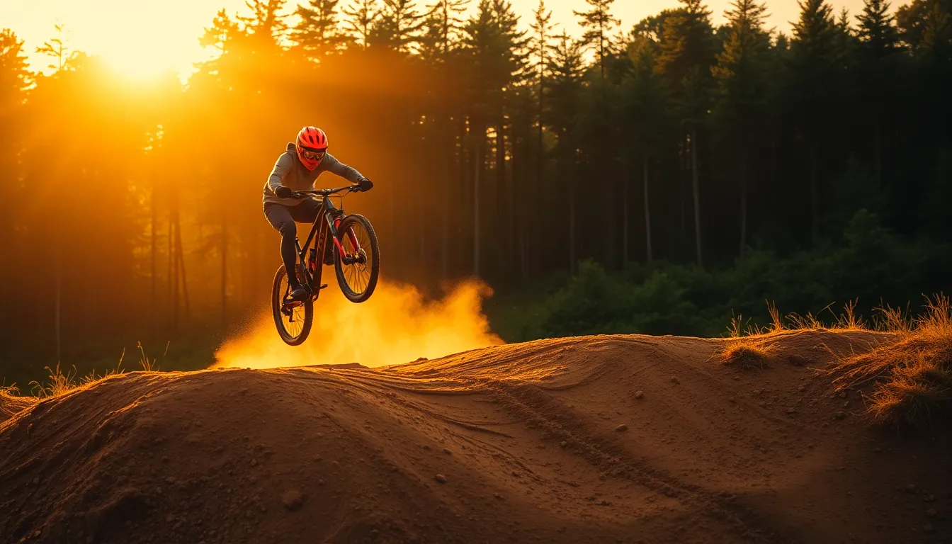 A mountain biker performs a daring jump off a dirt ramp, captured in stunning detail during golden hour. The warm light accentuates the vibrant colors of the biker's gear against the lush green background. The textured dirt ramp contrasts with the softness of the surrounding forest, while the shallow depth of field emphasizes the rider's dynamic pose mid-air. This image embodies the thrill and excitement of extreme sports.