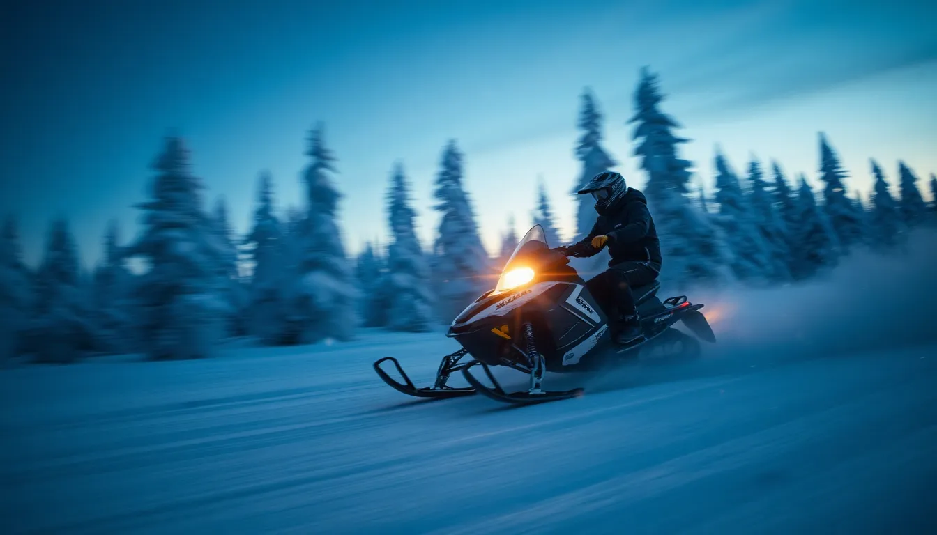 This electrifying image depicts a snowmobile rider racing through a pristine snowy landscape at dusk. The cool blue tones of the evening sky and glistening snow create an atmosphere of adventure and speed. Captured in sharp focus, the rider contrasts against the softly blurred background, emphasizing the intense motion. Snowflakes dance in the air, adding to the excitement of the scene. This photograph embodies the thrill of extreme winter sports.