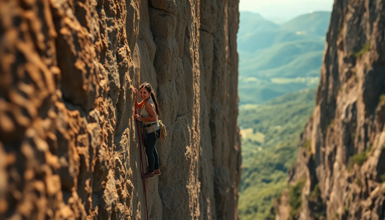 This image captures a rock climber in a moment of intense focus as they ascend a steep cliff face. The warm lighting emphasizes the climber's muscle definition and the rough texture of the rock, creating a gritty atmosphere of adventure. Positioned in a dynamic composition that leads the eye upwards, the scene conveys the thrill and challenge of extreme sports. The muted earth tones complemented by vibrant greens enhance the outdoor feel, immersing the viewer in this daring moment.