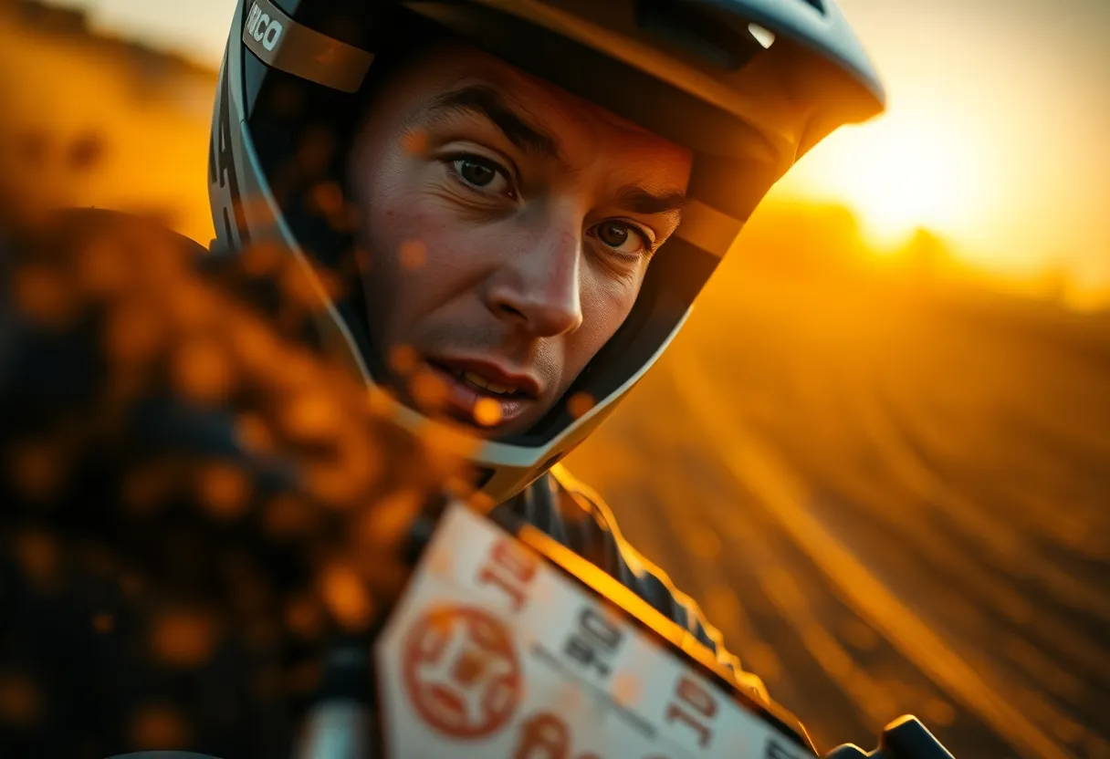 This striking close-up image captures a motocross racer as they expertly navigate a dirt track, showcasing the intensity of the sport. The low-angle shot, combined with dramatic lighting, creates a warm golden atmosphere that enhances the earthy tones of the dirt and the racer's gear. With a shallow depth of field focusing intently on the racer's expression, the image conveys speed and adrenaline while the blurred dust particles add a dynamic texture. The diagonal composition heightens the excitement, making this a vivid representation of extreme sports.