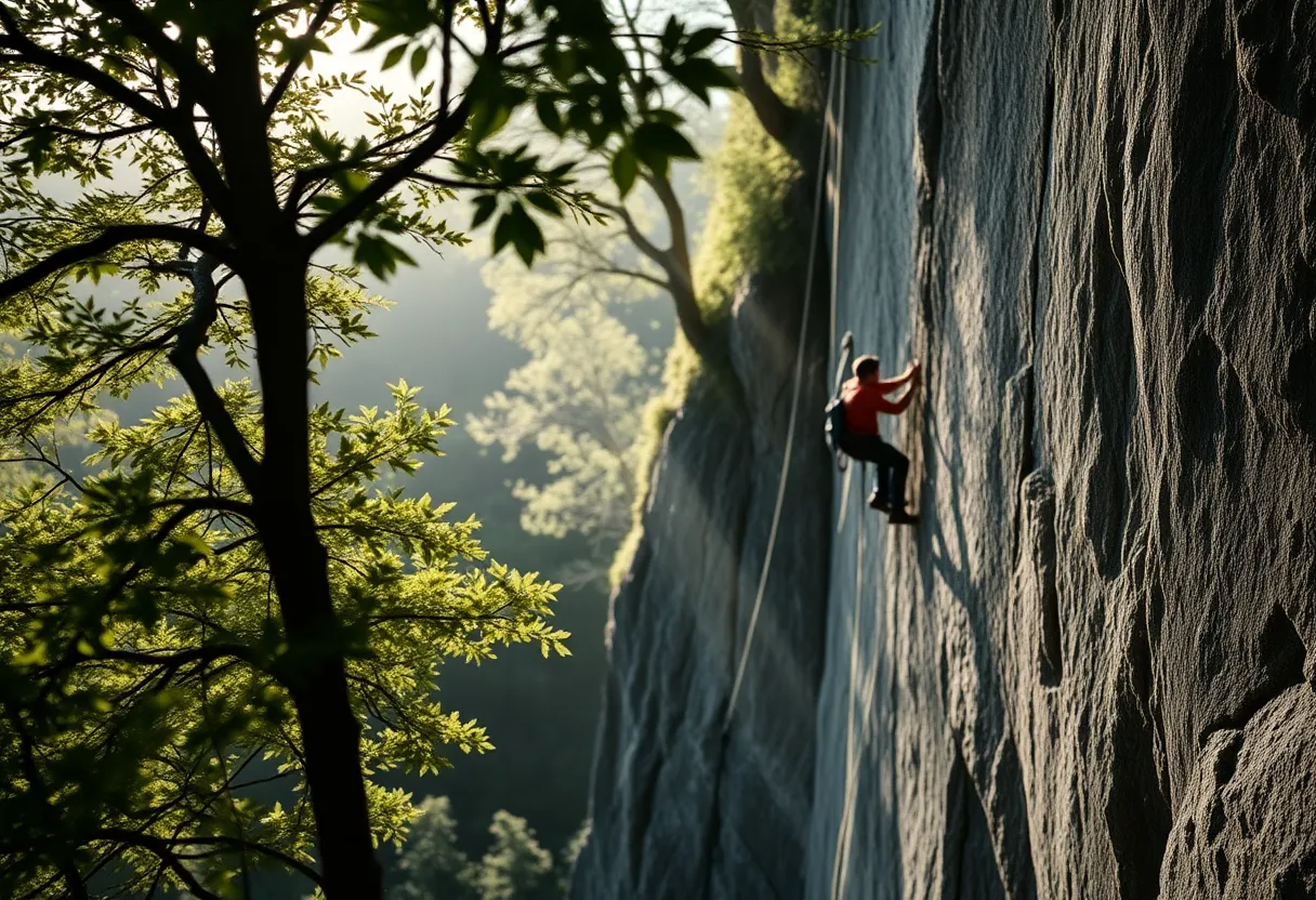 This striking image depicts a rock climber in action, strategically navigating a steep cliff face surrounded by lush greenery. Soft daylight enhances the natural colors and textures, bringing the rocky surface to life while maintaining a calm atmosphere. The focused depth of field highlights the climber’s determination, making the viewer feel the intensity and challenges of rock climbing. The composition effectively uses leading lines to draw the eye upward, showcasing the impressive verticality of the climb.