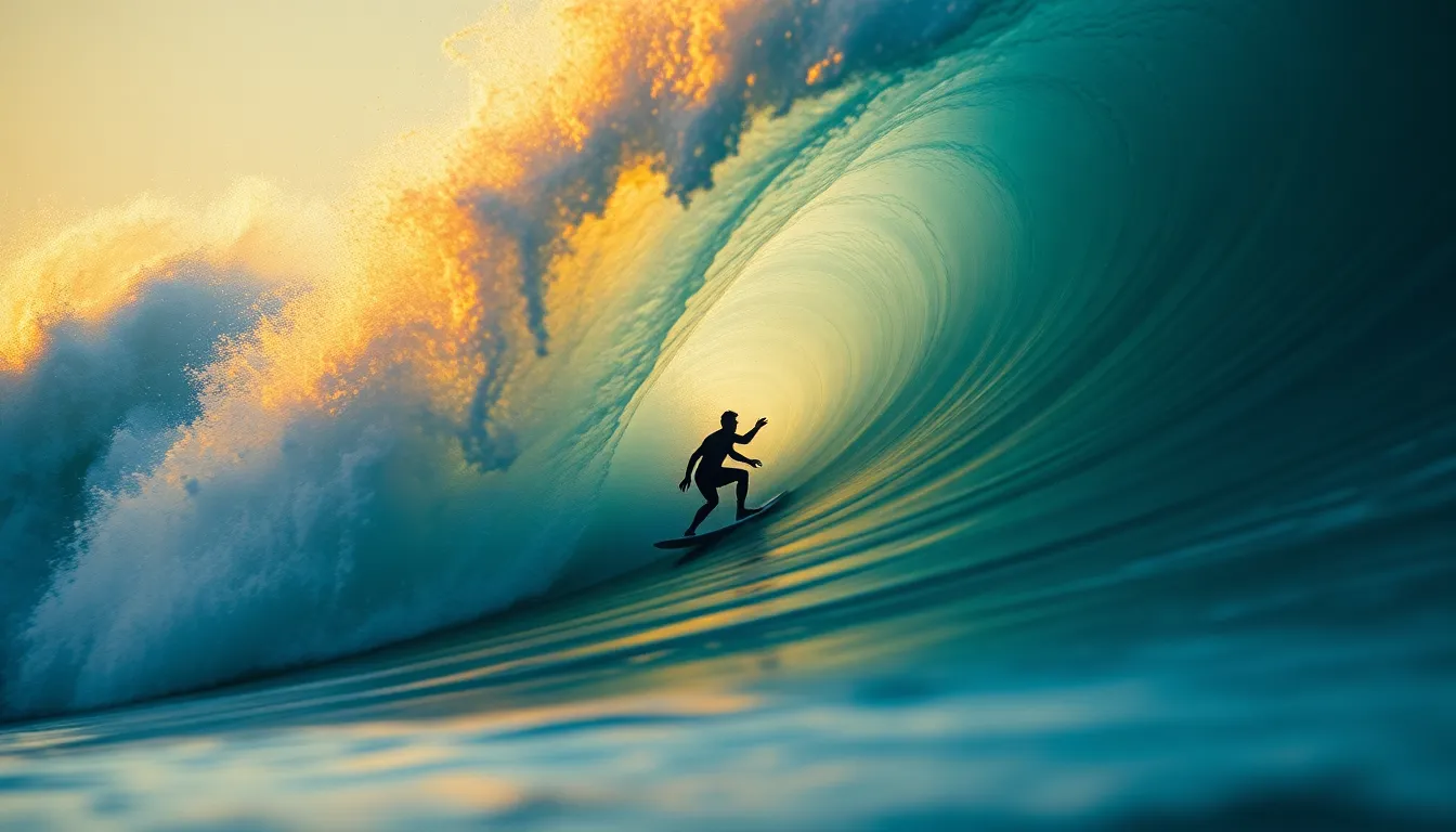 This striking image captures a surfer masterfully riding a colossal wave during golden hour. The backlighting creates a dramatic silhouette, enhancing the emotional intensity of the moment. With a focus on the dynamic movement of the water and the texture of the wave, the colors pop vividly, combining deep blues with warm golden highlights. The composition leads the viewer's eye toward the action, embodying the heart-pounding exhilaration of extreme sports.