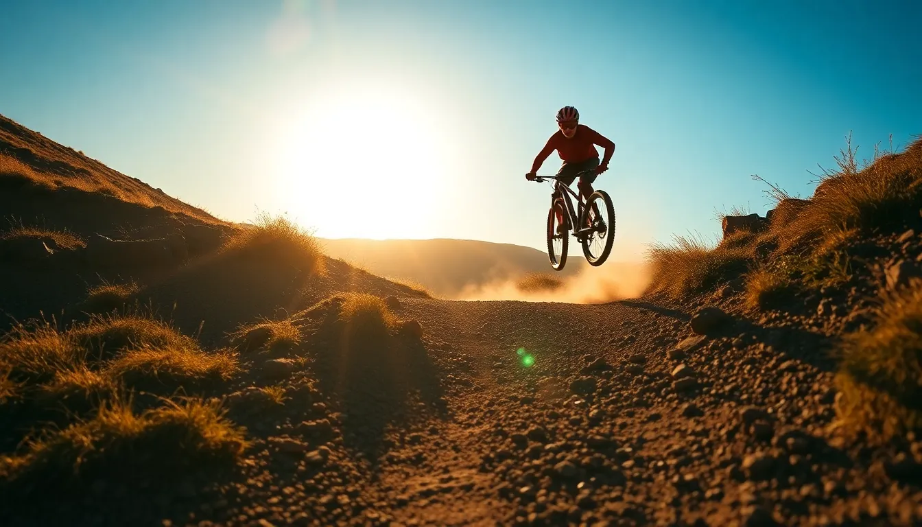 An exhilarating shot of a mountain biker soaring through the air above a rugged trail, captured in dramatic late afternoon light. The vibrant blue sky contrasts beautifully with earthy tones of the trail and surrounding rocks. The shallow depth of field emphasizes the cyclist while the leading lines of the path guide the viewer's eye to the exciting moment. Dust particles and gravel details add to the dynamic feel of the image.