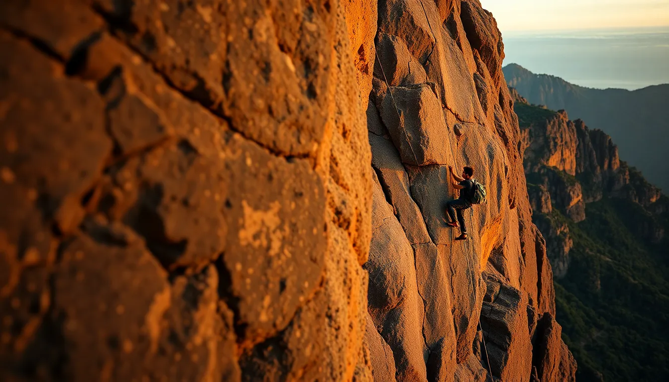 A climber skillfully ascends a steep cliff, framed perfectly during the golden hour. The warm light casts soft shadows, highlighting the rugged rock textures and vibrant green foliage below. The focused expression captures the determination of the athlete, while the blurred background creates depth, enhancing the scene's drama. This breathtaking moment encapsulates the thrill of extreme sports in nature, with a serene sunset sky adding to the overall mood.