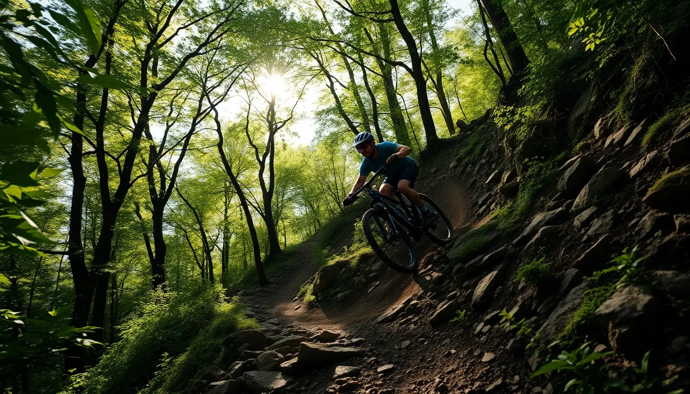 A mountain biker skillfully navigates a rugged trail, surrounded by vibrant, lush green foliage. The intricate details of the rocks and bike stand out against the soft, dappled light filtering through the trees. This moment captures the exhilaration of extreme sports within a serene yet dynamic natural setting. The composition's leading lines draw the viewer's attention to the cyclist's focused expression as they tackle the challenging terrain.