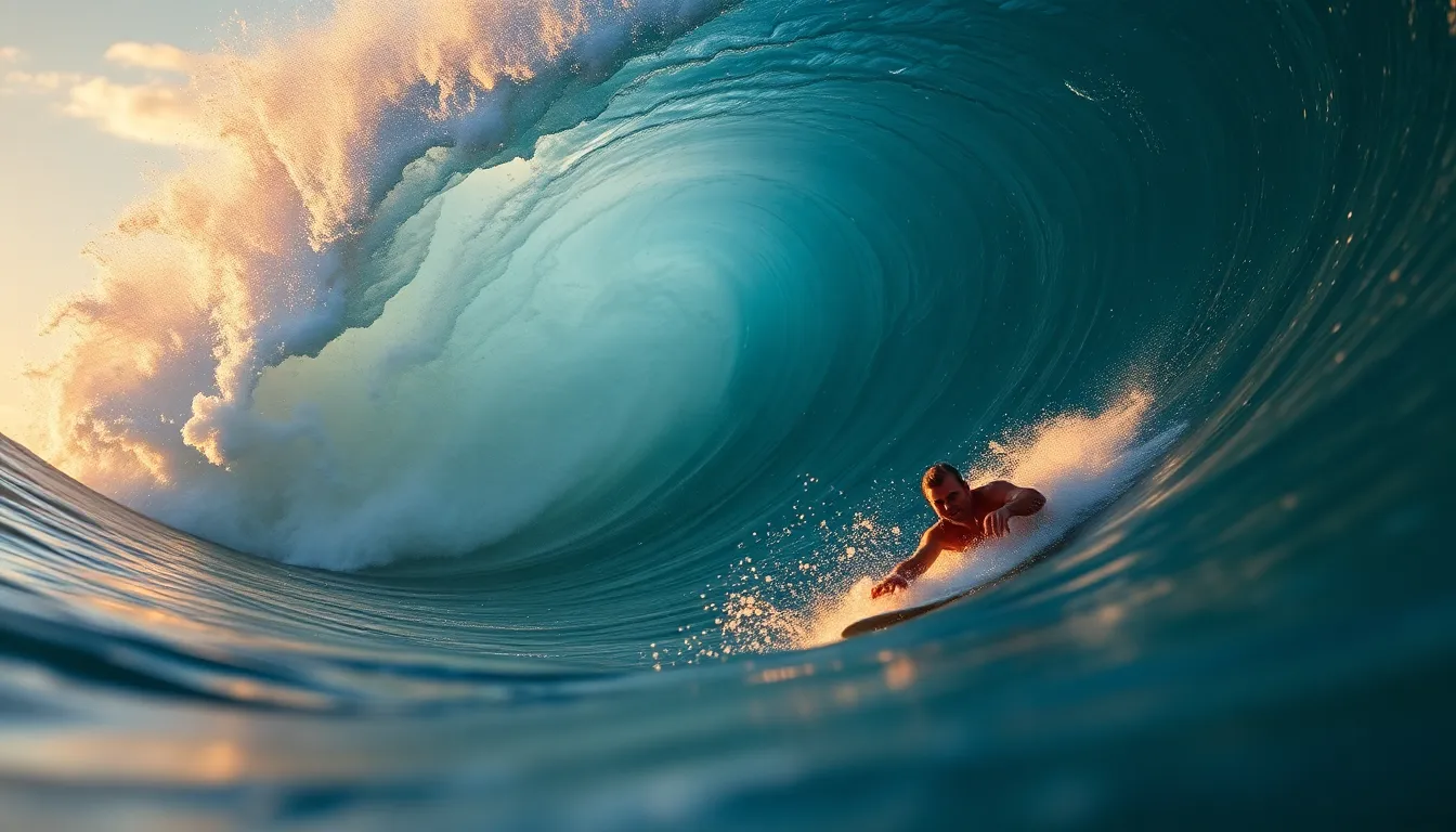 An intense surfer navigates a towering wave, illuminated by the warm hues of sunrise. The water's texture is rendered vividly, with spray and foam surrounding the athlete as they masterfully ride the wave. The vibrant colors of the ocean and sky blend beautifully, enhancing the feeling of motion and adrenaline. This image encapsulates the thrill and beauty of extreme sports in nature's playground.