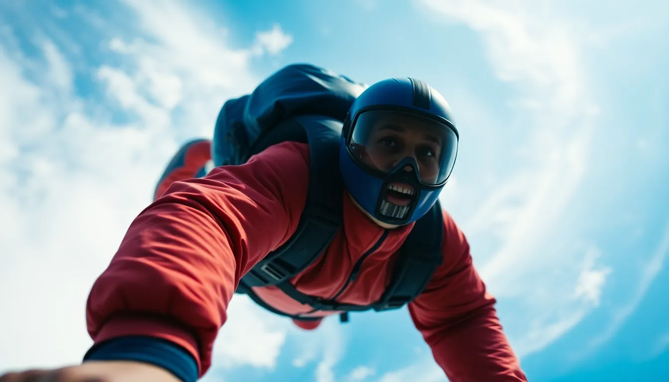 Skydiver in Free Fall Against Blue Sky