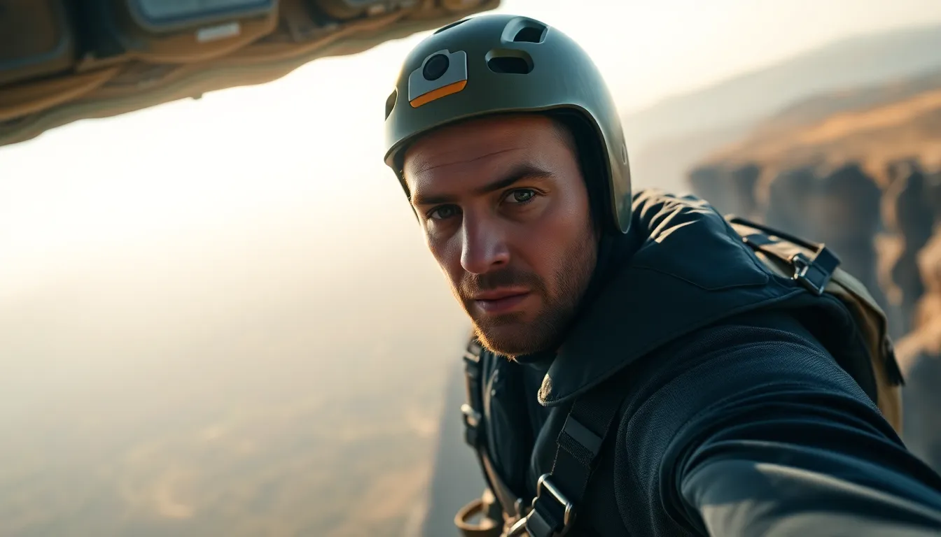 A thrilling image of a base jumper poised at the edge of a cliff just before taking the plunge into the vast valley below. The early morning light casts a soft glow, enhancing the natural muted tones of the rocky landscape. A shallow depth of field highlights the jumper's intense expression and gear details, while the rule of thirds composition adds a dramatic tension to the scene. This shot embodies the thrilling essence of extreme sports.