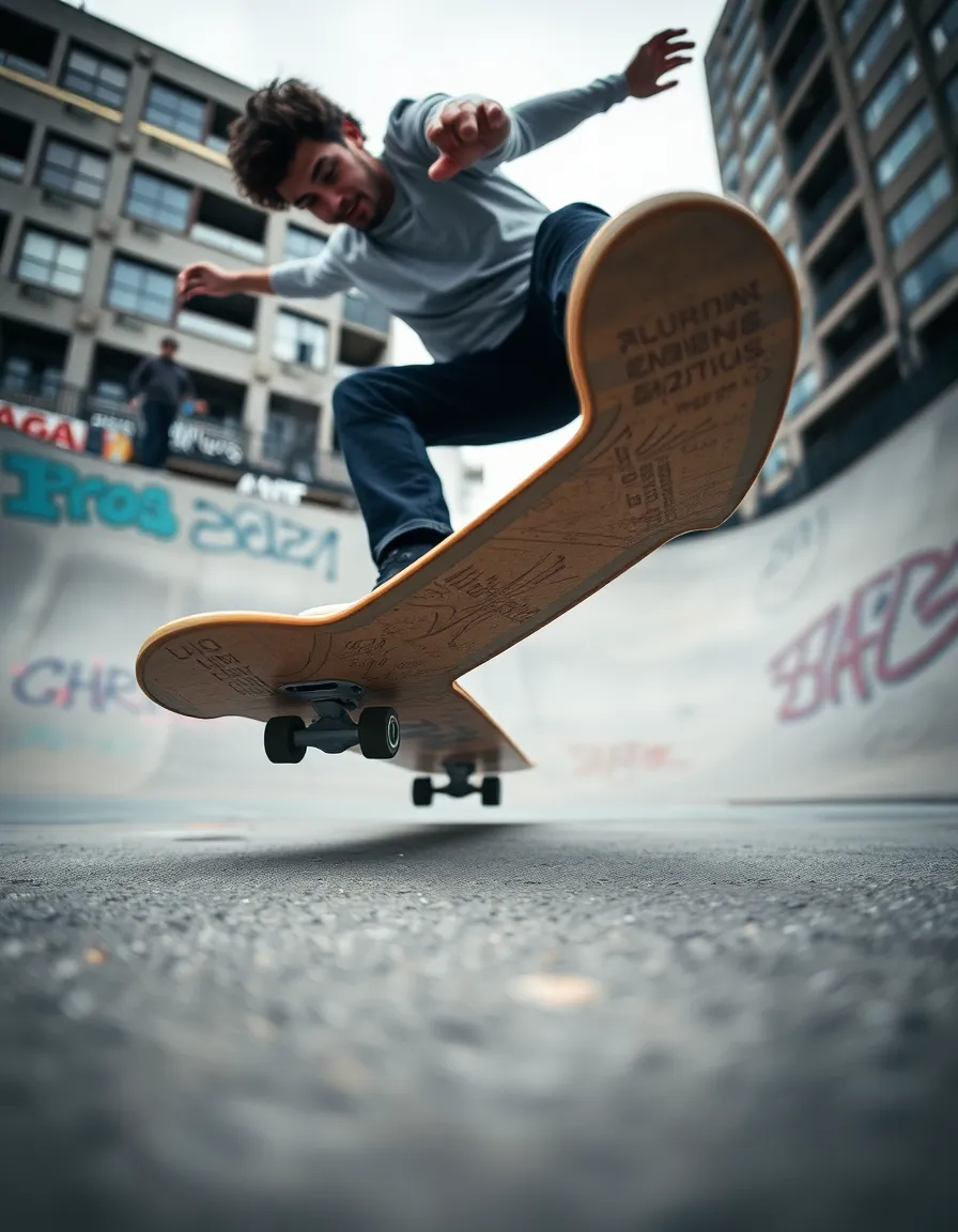 This dynamic close-up image captures a skateboarder executing a trick in an urban skate park, showcasing skill and style. The overcast conditions create even lighting that reveals the textured details of the skateboard and the concrete ramps. With a shallow depth of field, the focus is on the skater's intense expression and fluid movement against a blurred, gritty backdrop. The muted color palette is contrasted by vibrant colors, enhancing the urban atmosphere of the scene.