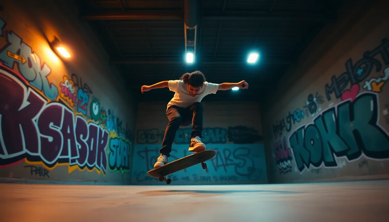 An energetic capture of a skateboarder executing an impressive trick inside a vibrant indoor skate park. The warm tungsten lighting accentuates the colorful graffiti, creating an exciting atmosphere. The shallow depth of field emphasizes the skateboarder's dynamic movement while softly blurring the energetic background. Rich, saturated colors enhance the overall excitement of the scene, with a low-angle perspective providing a fresh take on skateboarding action.