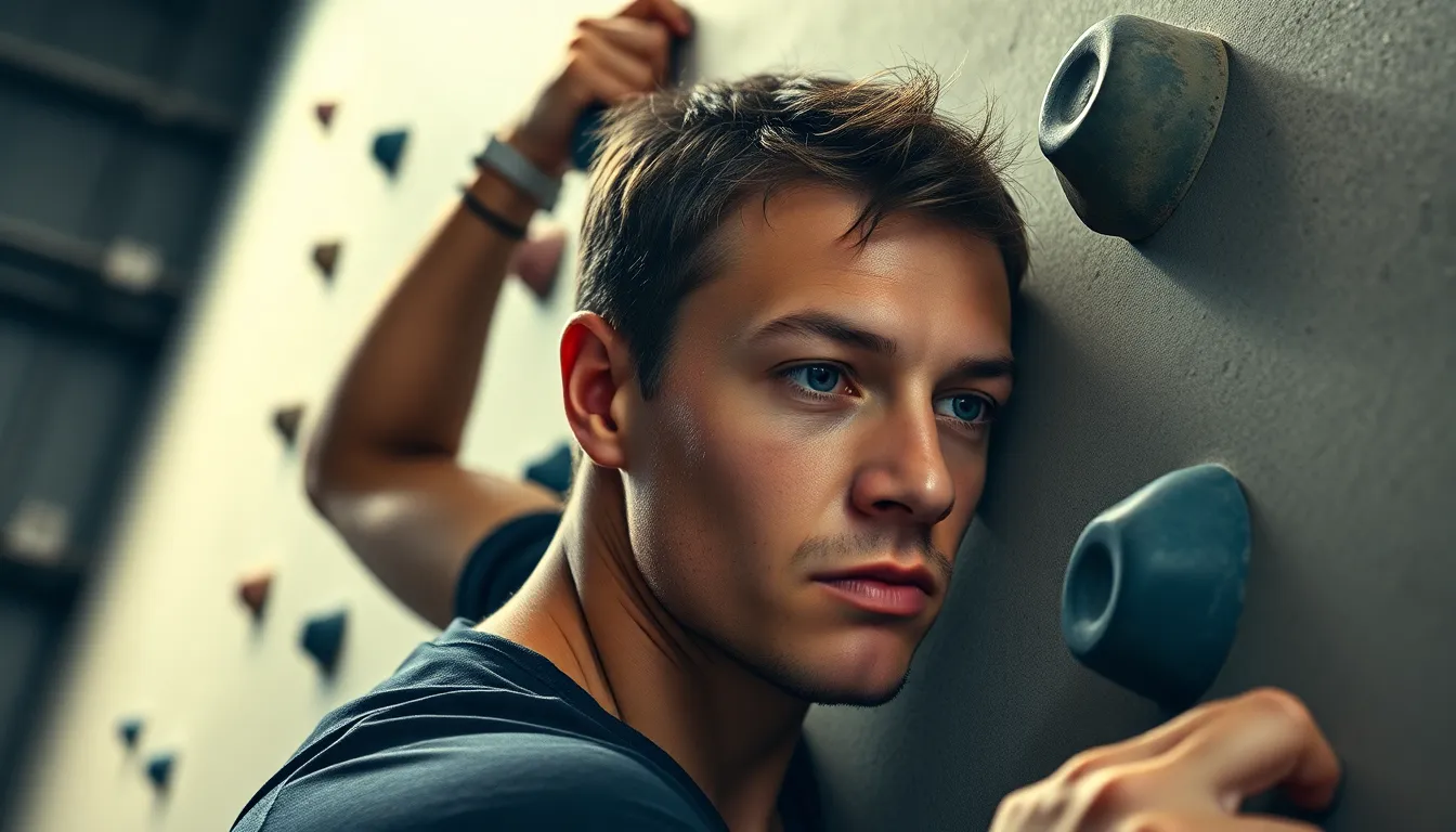 An athlete exudes determination while competing in an indoor climbing gym, encapsulated under bright studio lights. The dramatic illumination highlights the textured climbing holds and the beads of sweat on the climber's forehead, emphasizing the physical effort involved. Using a muted natural color palette, this image captures the raw intensity of the competition while adhering to the rule of thirds for dynamic composition. It vividly portrays the spirit of extreme sports in a controlled environment.