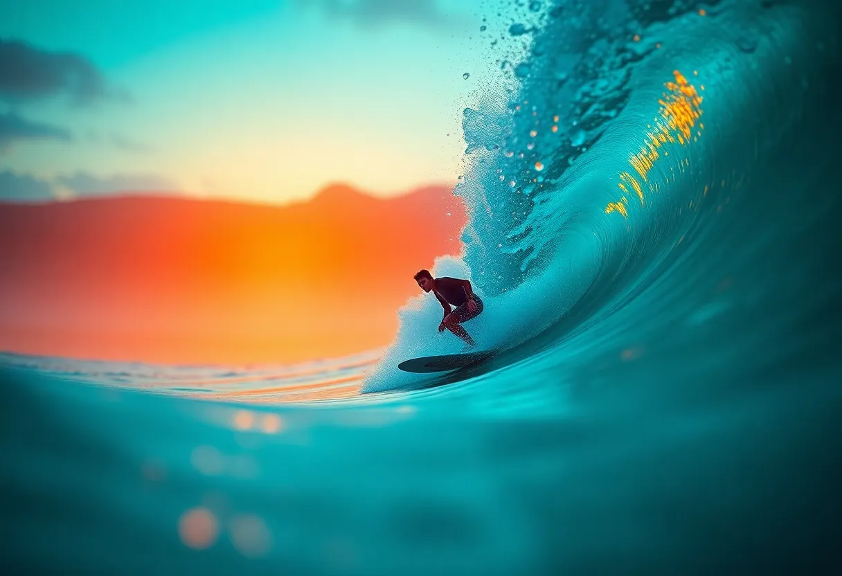 An exhilarating scene of a surfer riding a colossal wave, the image captured with dramatic lighting and a vibrant color palette. The warm light accentuates the water droplets spraying around the surfer, while the teal and orange tones create a cinematic feel. The dynamic angle enhances the sense of motion and thrill, drawing the viewer into the heart of the action.