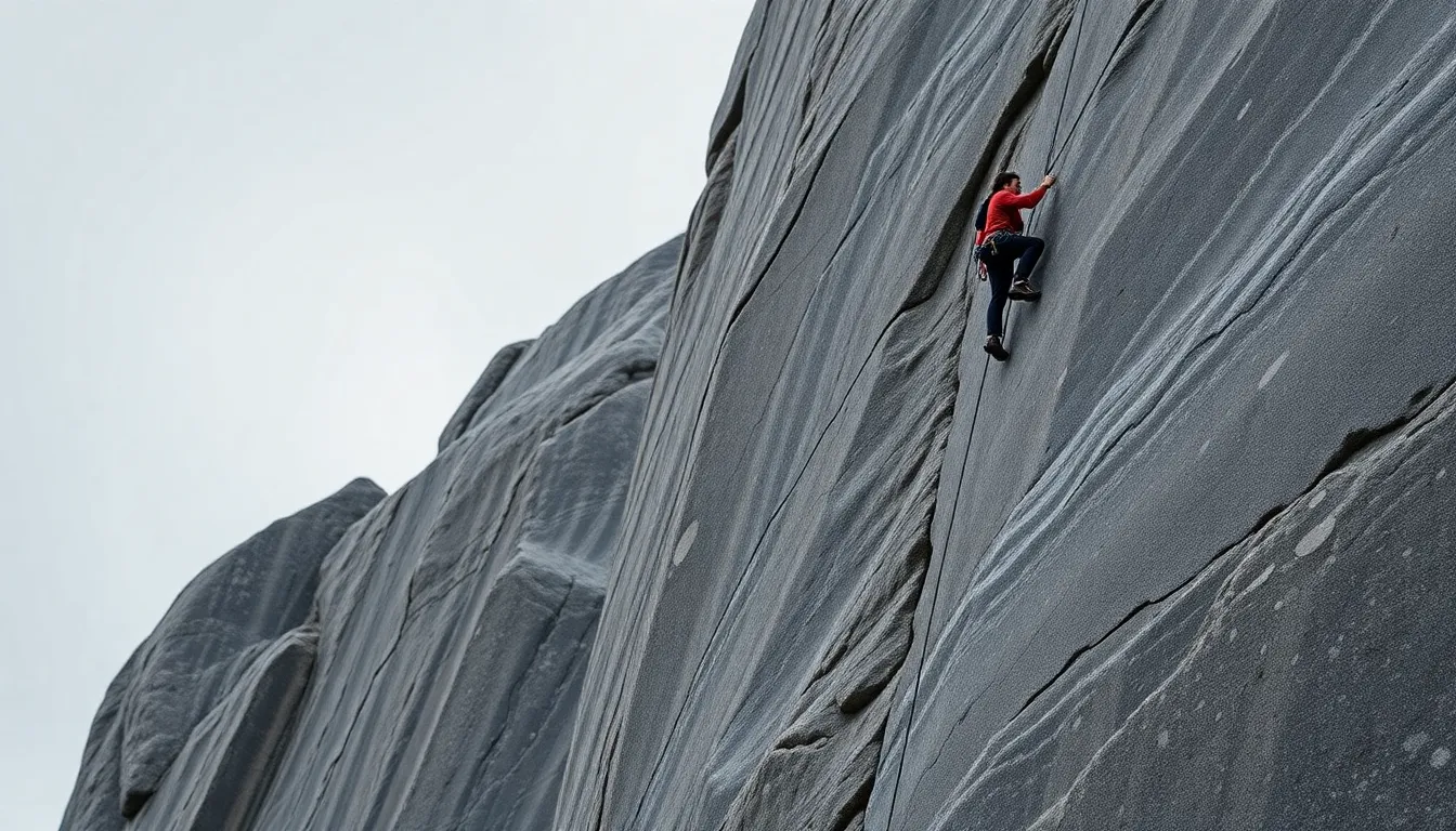 An intense shot of a rock climber scaling a sheer granite cliff on an overcast day. The diffused light creates a perfect atmosphere, ensuring every detail of the climber's focused expression and the rugged rock face are beautifully captured. The composition is centered and symmetrical, emphasizing the climber's strength and determination. The muted natural tones of the stone highlight the climber's gear for an authentic feel.