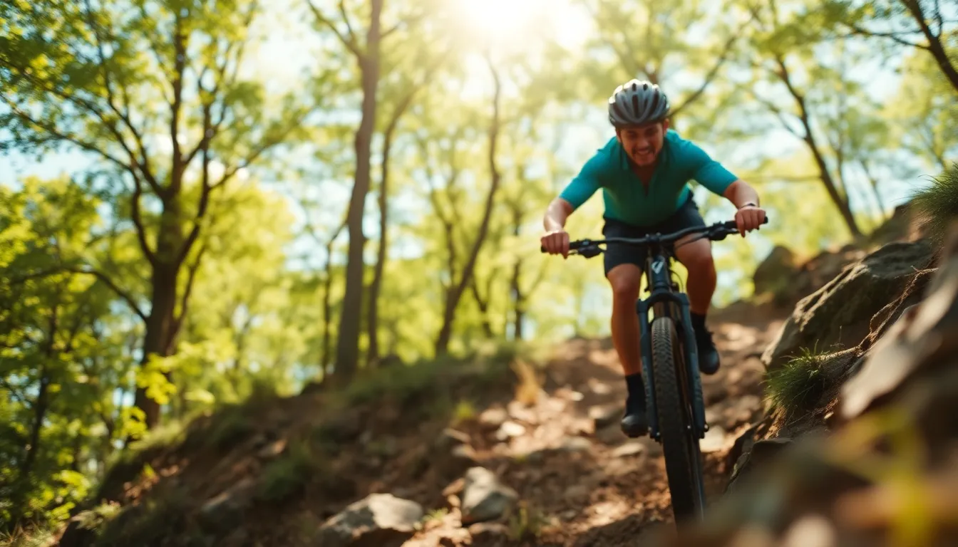 An intense mountain biker navigates a rocky trail surrounded by lush greenery under a bright sunny sky. Dappled sunlight filters through the trees, casting dynamic patterns on the ground, while the vivid greens and browns enrich the natural scene. The focus on the biker's determined expression adds intensity, contrasting with the soft bokeh of the background. This compelling image offers a thrilling glimpse into the world of extreme mountain biking.