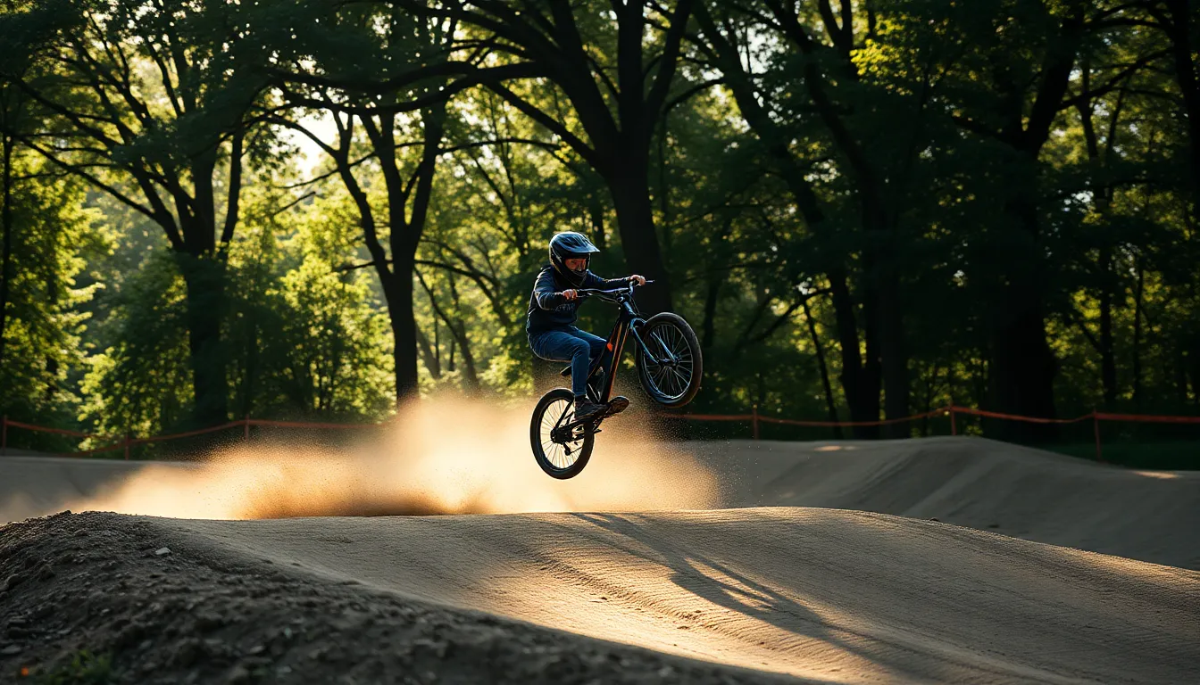A captivating shot of a BMX rider executing an impressive stunt on a dirt track, surrounded by lush greenery. The dappled sunlight creates a magical atmosphere, enhancing the rider’s motion. The rich textures of the dirt and the natural bokeh provide a stunning backdrop for this extreme sport moment, showcasing the athlete's skill and the thrill of outdoor biking.