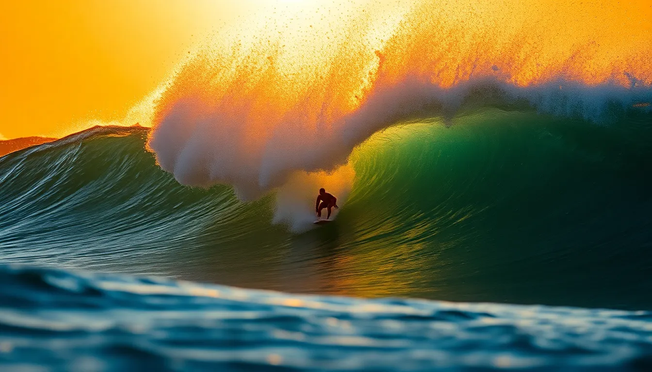An exhilarating scene of a surfer effortlessly riding a colossal wave at sunrise. The golden light enhances the ocean's shimmer, making the scene feel alive and vibrant. Every droplet of water is captured in stunning detail, showcasing the power and thrill of surfing. The sharp focus on both the surfer and wave emphasizes the intense action, while the rich color palette creates a breathtaking atmosphere that encapsulates the beauty of extreme sports in nature.
