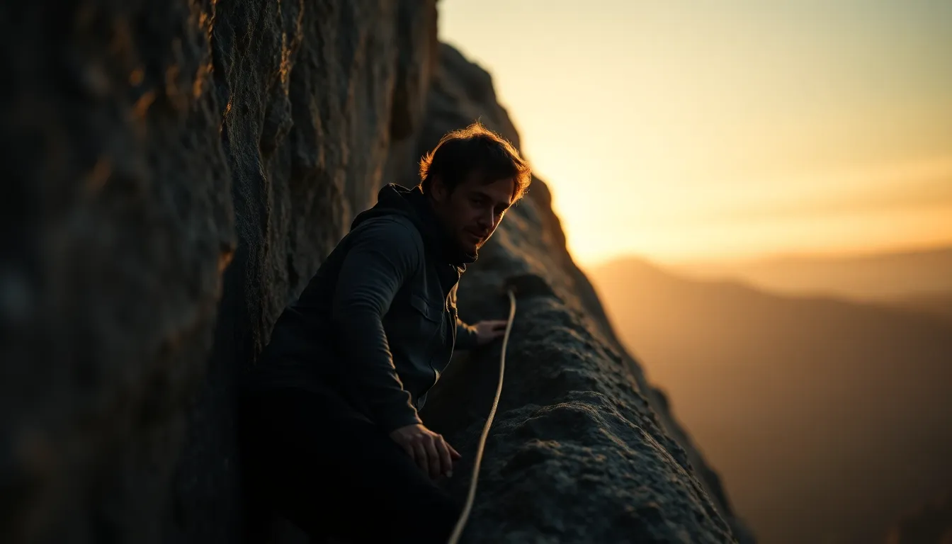 A determined rock climber is captured in a powerful pose as they ascend a rugged cliff, silhouetted by the warm glow of the golden hour. The image highlights the climber's focused expression, surrounded by intricate textures of the rock face. Soft light creates an ethereal atmosphere, while the shallow depth of field adds to the sense of height and challenge. This moment encapsulates the thrill and determination inherent in extreme sports.