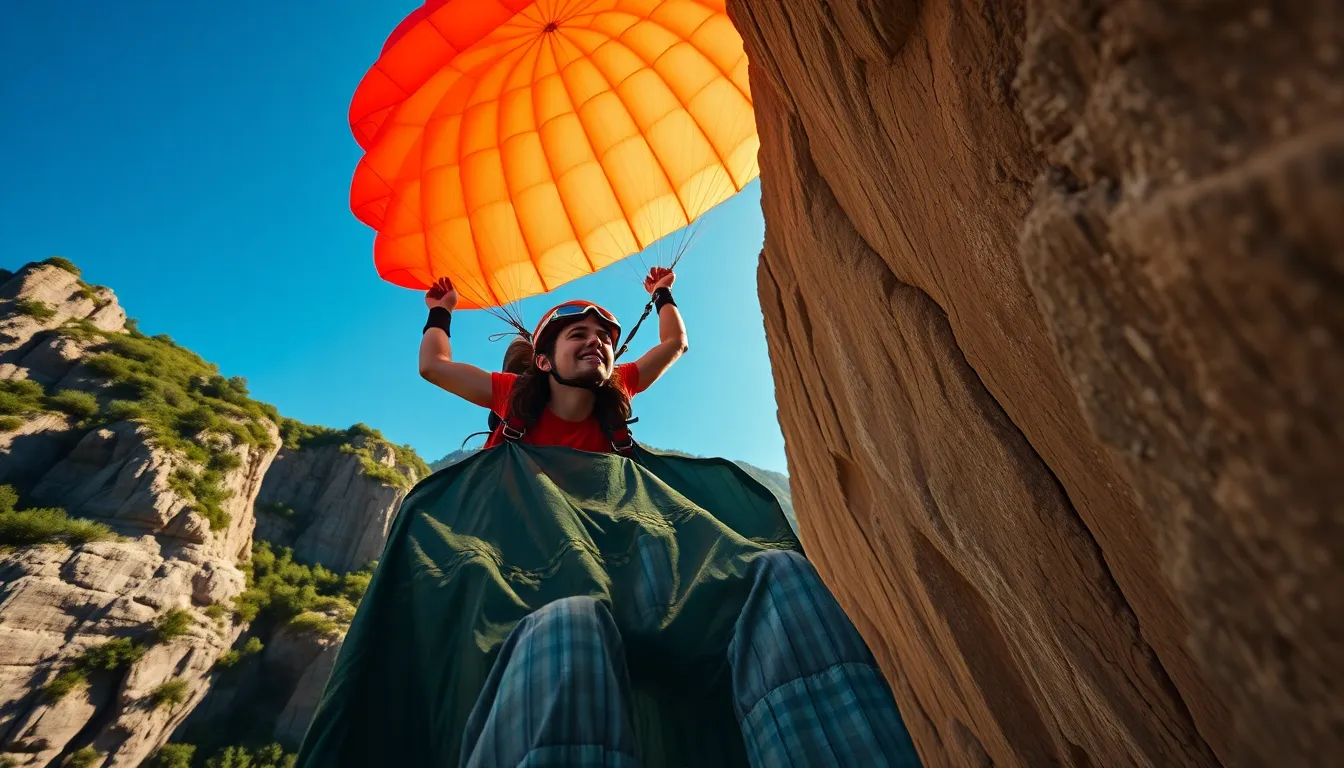 Base Jumper Leaping from Cliff into Blue Sky In this breathtaking image, a base jumper is caught mid-leap from a majestic cliff, showcasing the thrill of extreme sports. The bright blue sky serves as a stunning backdrop to the parachute, which bursts open against the vivid atmosphere. The jumper’s expression reflects pure exhilaration, while the rich textures of the rocky cliff add depth. This composition emphasizes the vertical descent, evoking a sense of daring adventure and freedom in the great outdoors.
