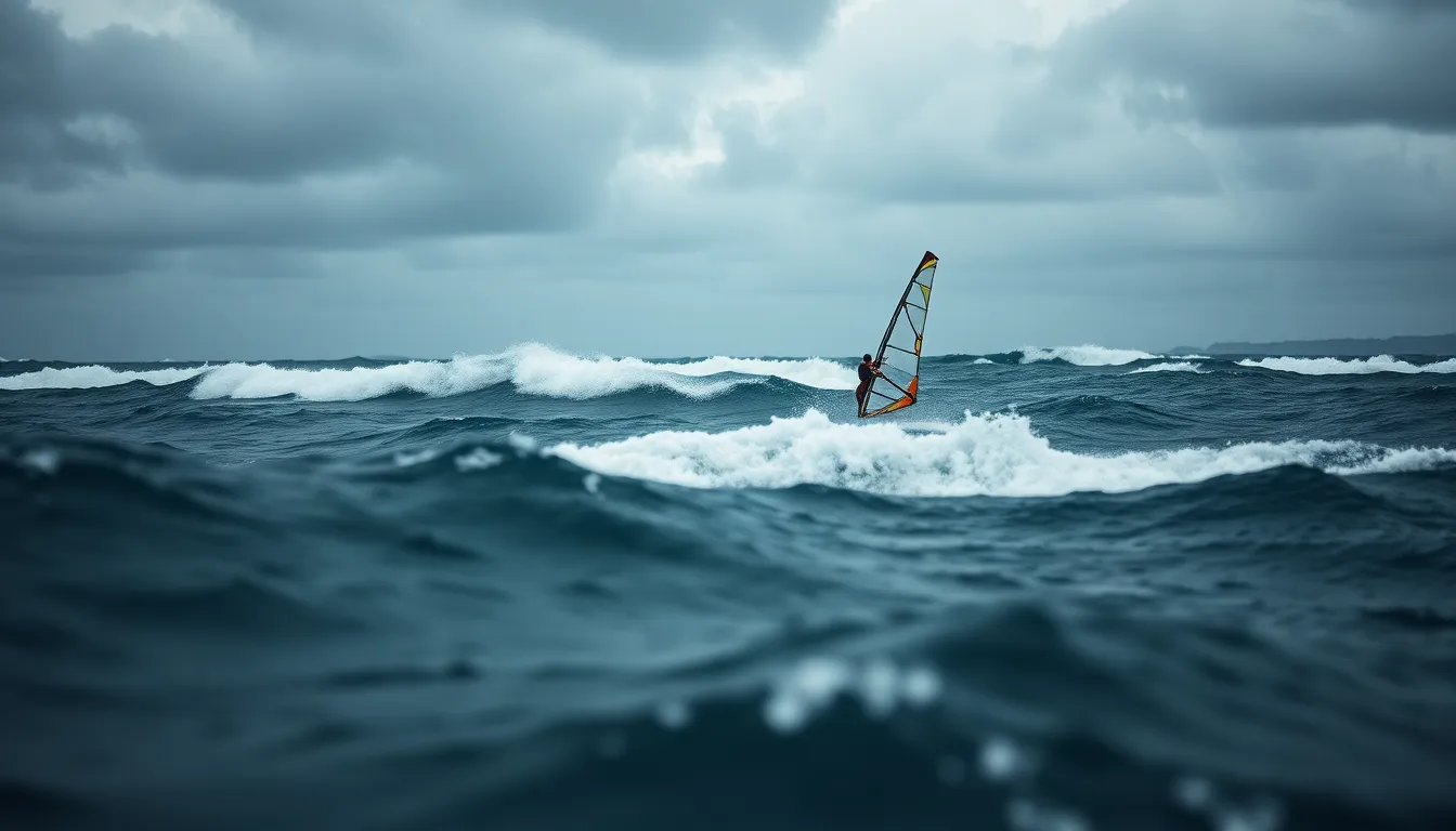 Windsurfer Thriving in Choppy Stormy Waters This captivating photograph features a windsurfer expertly maneuvering through turbulent waters on a stormy day. The dramatic overcast sky and dark clouds set a moody tone, while the frothy white waves create a striking contrast. The medium format captures every detail, with the texture of the water and the dynamic movement of the windsurfer sharply in focus. The leading lines of the waves guide the viewer’s eye, amplifying the sense of action and excitement inherent in extreme sports.