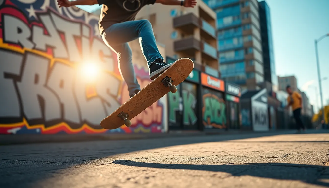 A skateboarder is mid-air, performing an impressive trick above the vibrant streets of a city. The skateboarder contrasts against a backdrop of colorful graffiti, bathed in warm afternoon sunlight. The dynamic composition captures the thrill and movement, with the blurred cityscape emphasizing the focus on the athlete. The details of the skateboard and the textured pavement ground bring an immersive realism to this exciting scene.