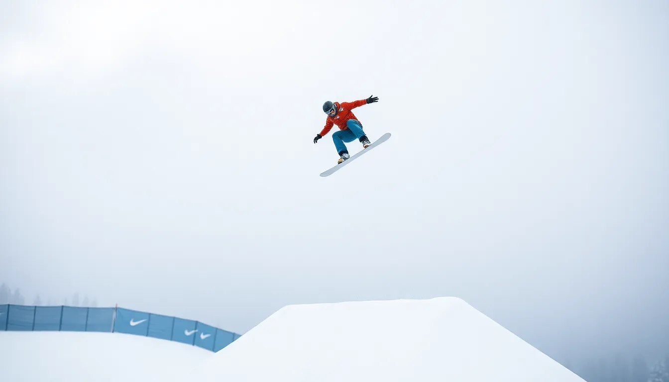 A snowboarder defies gravity in mid-air during an exhilarating competition, captured in sharp detail against a soft, blurred snowy background. The overcast conditions create a diffused light that highlights the contours of the jumper's form and the vibrancy of the snow. Warm skin tones contrast beautifully against the cool whites of the snow, while the centered composition emphasizes the athleticism of the stunt. This dynamic shot encapsulates the excitement and intensity of extreme winter sports.