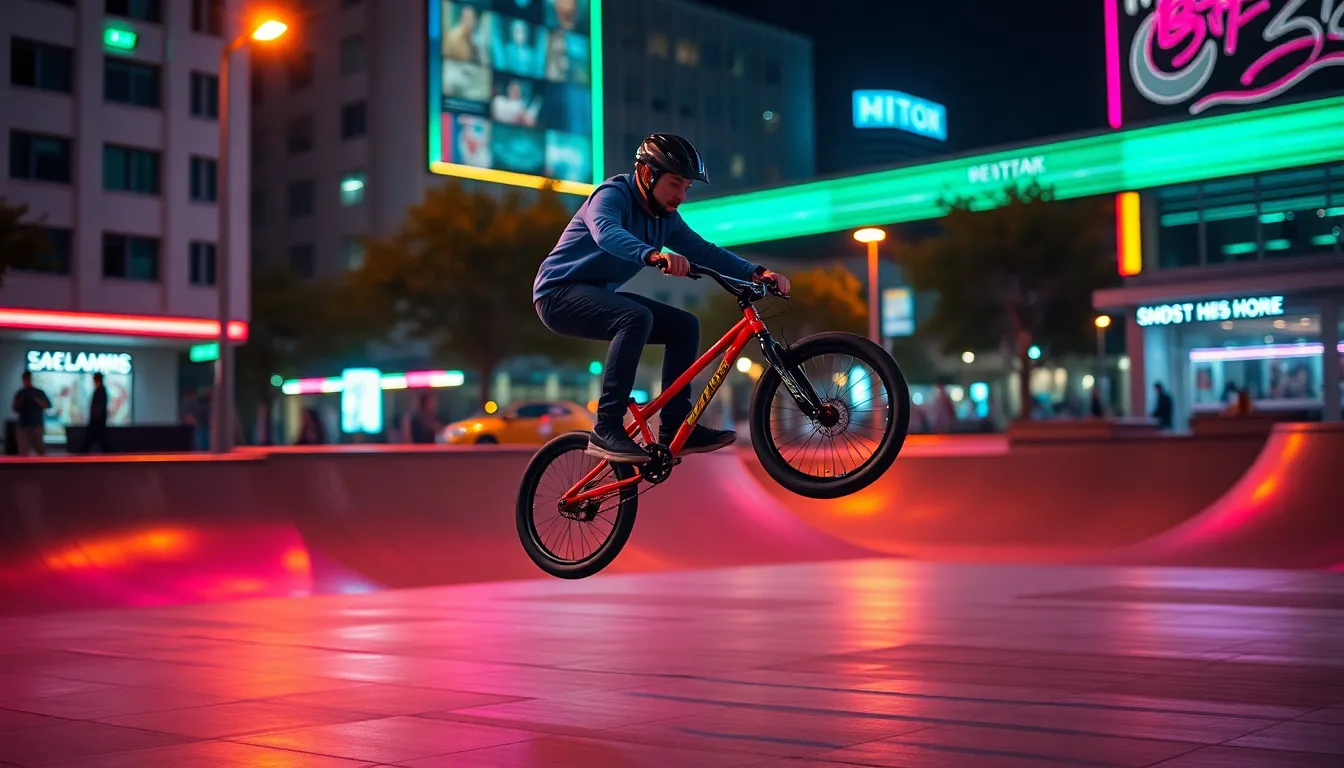 A BMX rider is captured mid-trick in an electrifying urban skate park, illuminated by vibrant neon lights. The energetic colors reflect off the concrete, enhancing the dynamic feel of the scene. With a shallow depth of field, the rider is sharply in focus against a beautifully blurred backdrop. This photograph embodies the thrill of extreme sports within an urban environment, full of life and movement.