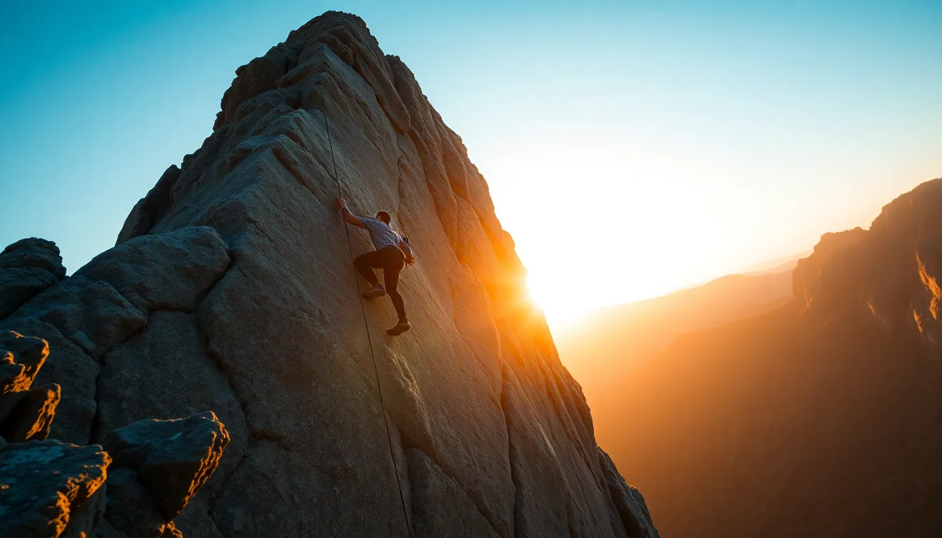 A thrilling image of a climber scaling a steep cliff during a breathtaking sunset. The golden and orange hues of the sky beautifully contrast with the rugged texture of the granite rock, creating a dramatic backdrop. The sharp focus on the climber highlights the determination and skill required for such extreme sports. This photograph captures both the intensity of climbing and the serene beauty of nature, making it a compelling visual narrative.