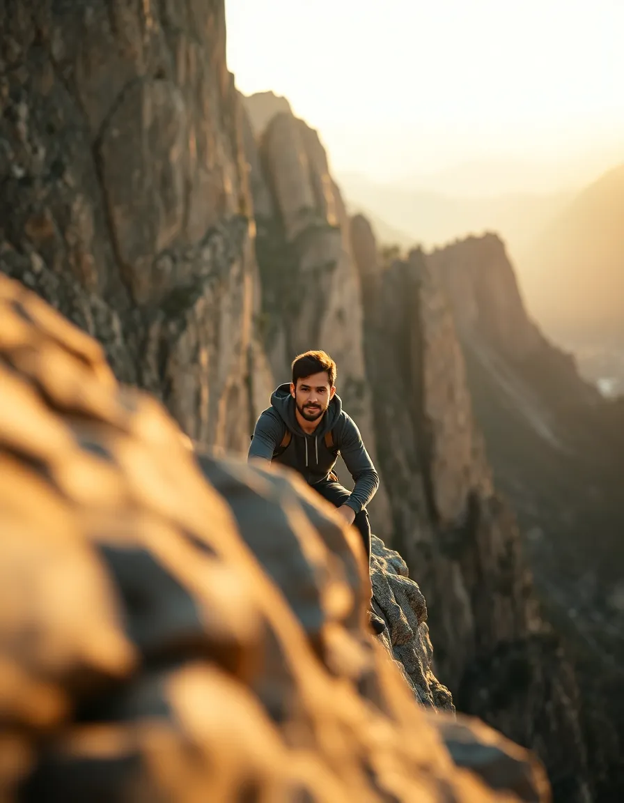 Rock Climber at Summit with Golden Hour Light This striking portrait captures a rock climber at the summit of a towering cliff, basking in the warm glow of golden hour. The soft light creates a peaceful atmosphere, highlighting the climber's expression of triumph and satisfaction after their ascent. With a shallow depth of field, the rugged textures of the cliff face fade into a beautiful backdrop that emphasizes the climber’s achievement. The harmonious color palette of earthy tones enhances the connection between the climber and nature, making this image a celebration of the outdoor spirit.